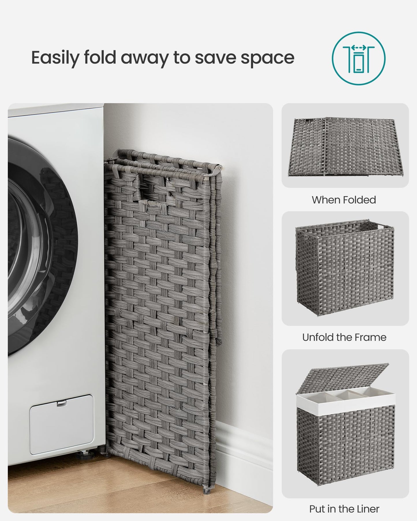 SONGMICS Laundry Hamper with Lid, 42.3 Gallons (160 L), Rolling Laundry Basket with Wheels, 3-Section Synthetic Rattan, Removable Liner, Bedroom, 29.9 x 13 x 26 Inches, Gray ULCB365G01