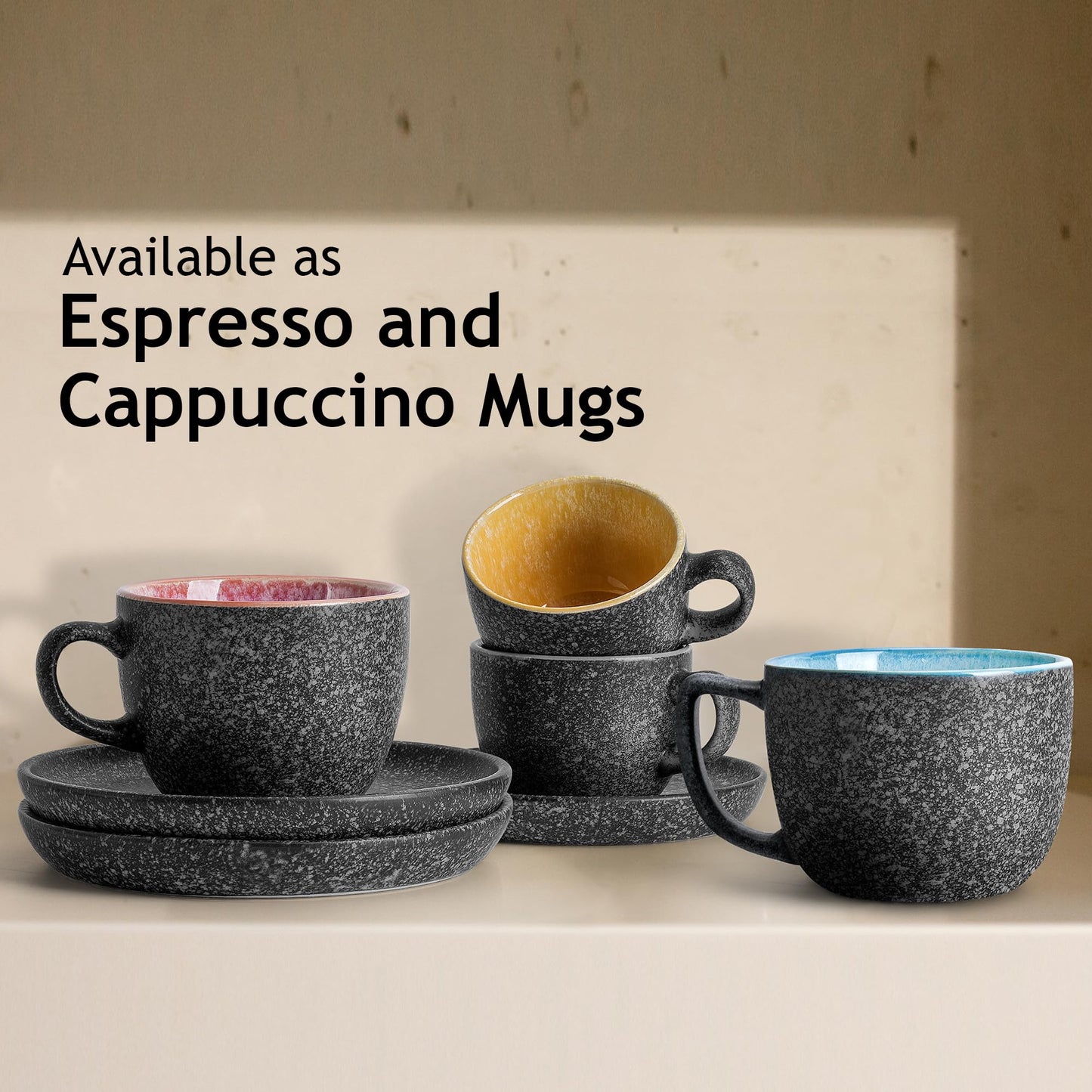 MIAMIO – 2.7 Oz Ceramic Stackable Espresso Cups with Saucers and Metal Stand, Set of 6 Espresso Cup, Demitasse Cups, Coffee Mugs for Espresso, Latte, Café Mocha & Tea – Las Palmitas Collection