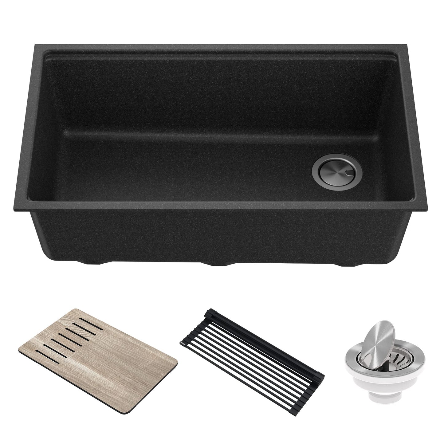 KRAUS Bellucci 32” in. Undermount Workstation Granite Kitchen Sink in Metallic Black with Accessories, KGUW2-33MBL