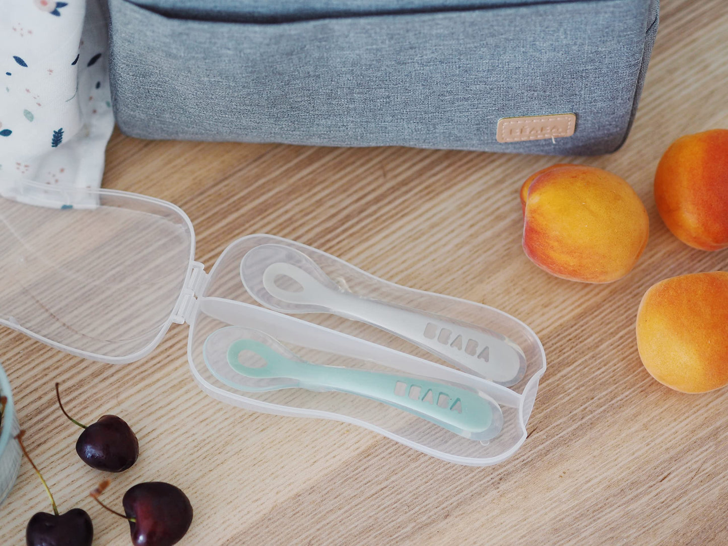 BEABA Toddler's Self-Feeding Spoon Set with Travel Case, Original Silicone Baby Spoons, Baby Essentials, Travel Set, Sage + Cloud