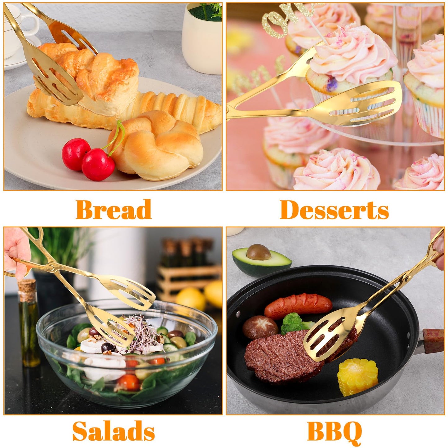Dimeho 4 Pcs Gold Serving Tongs, Stainless Steel Serves Utensils 10 Inch Mini Salad Plated Buffet Serves Tongs for Wedding Party Kitchen Serving and Cooking