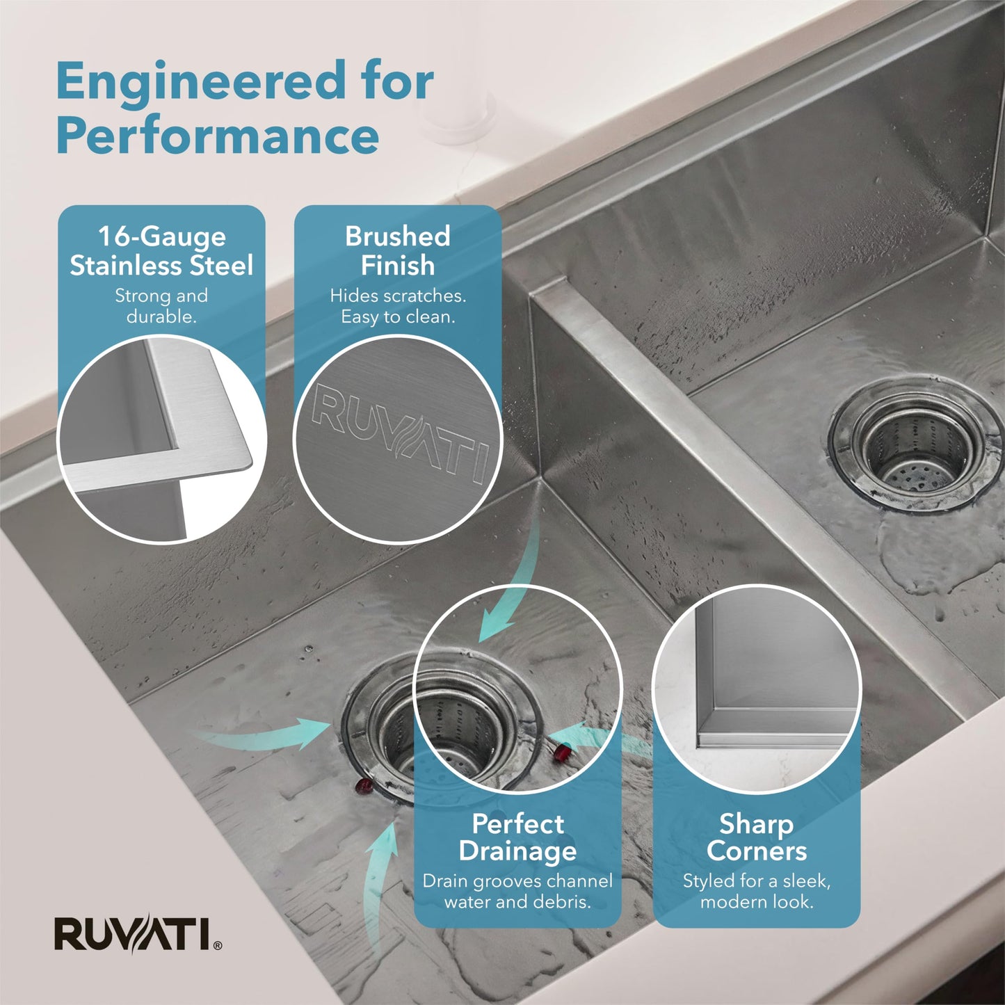 Ruvati 33-inch Workstation 60/40 Double Bowl Undermount 16 Gauge Stainless Steel Ledge Kitchen Sink - RVH8356