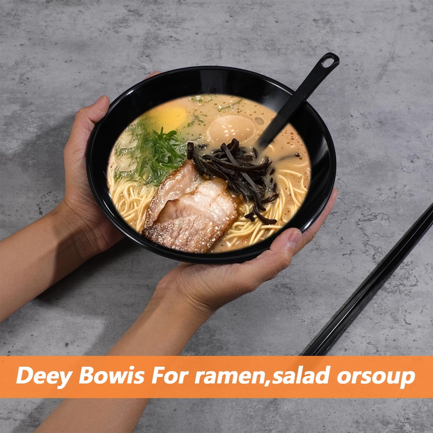 Set of 4 Ramen Bowl Set, Melamine Large Japanese Style Noodle Soup Bowls with Spoons and Chopsticks for Ramen, Pho, Noodles, Asian Dishes Black,Large Bowl for Adults| Dishwasher Safe (Black 8.7in)