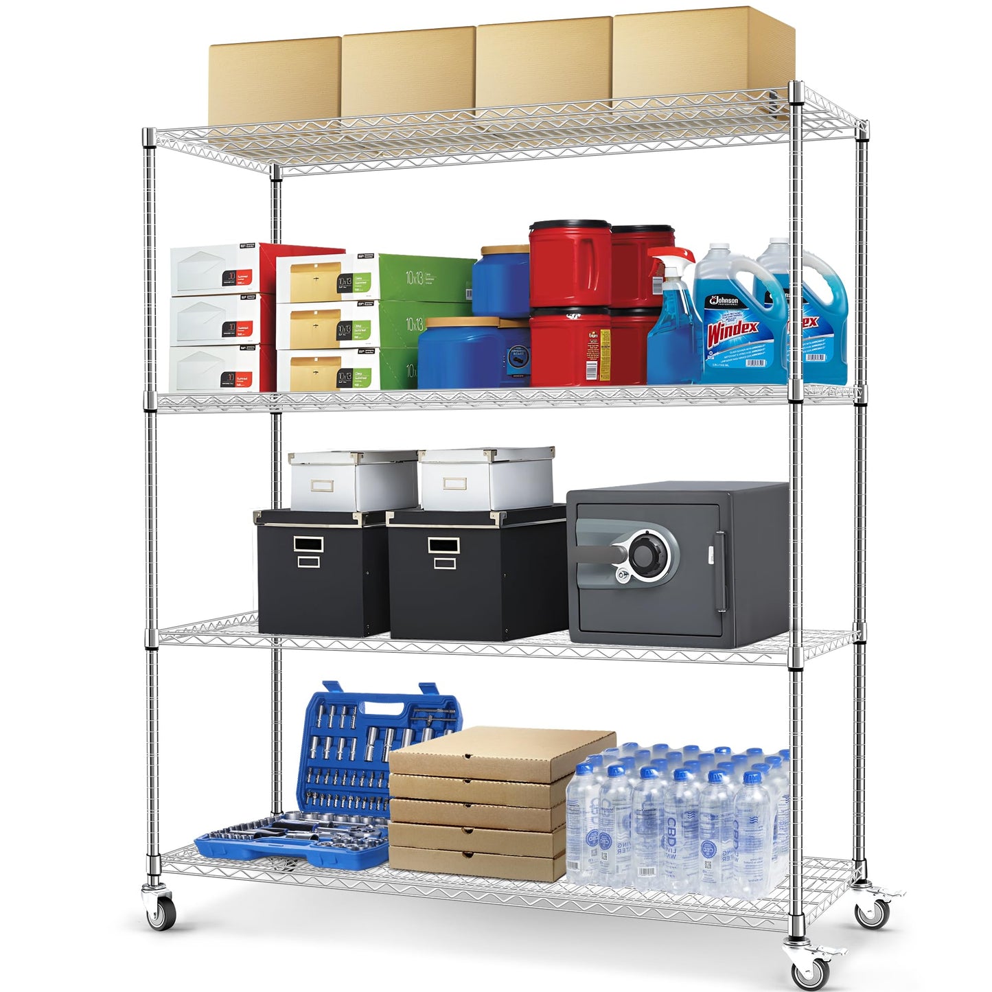 Rengue 60" W Storage Shelves with Wheels 4-Tier Heavy Duty Wire Shelving 72" H x 24" D Large Metal Storage Rack with Adjustable Garage & Pantry Shelves, 3200 LBS Commercial Grade, Chrome, Silver