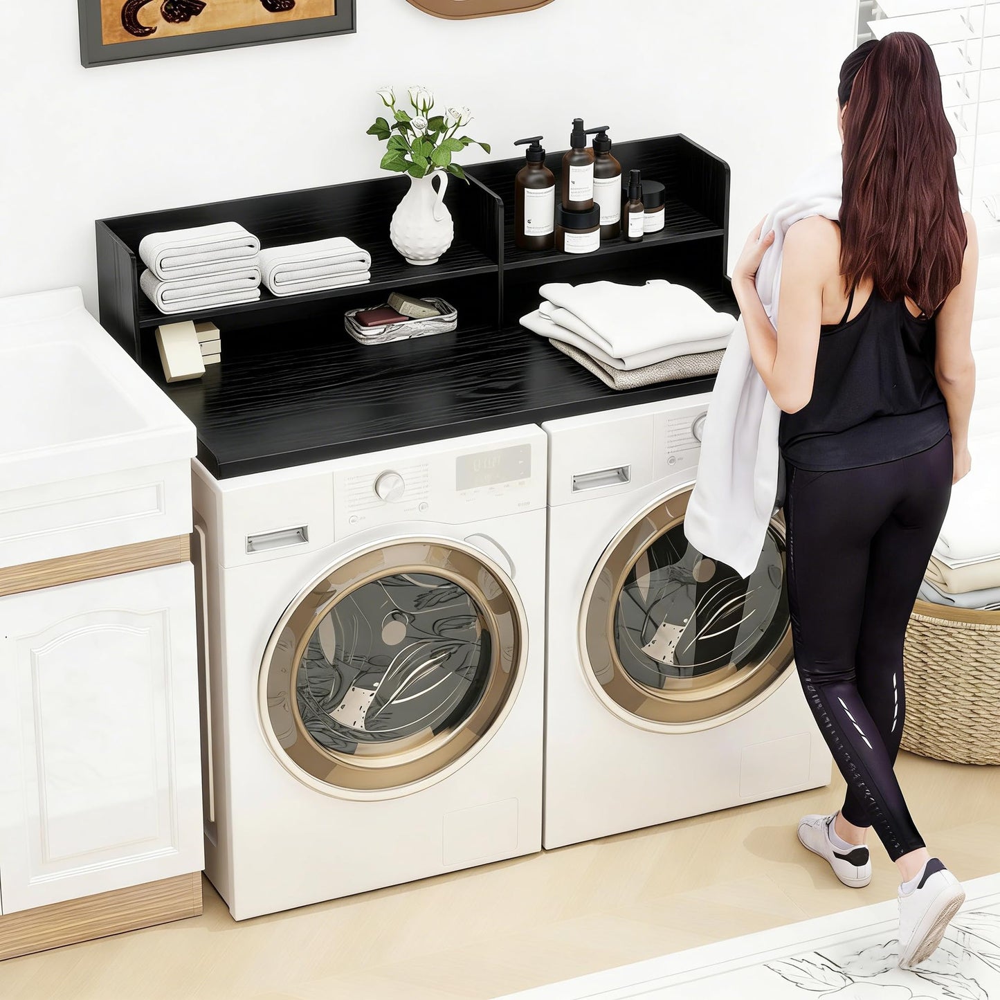 Desility 2 Tier Washer Dryer Countertop with Shelf, 54.7" W X 28.3" D Laundry Countertop with Non-Slip Pad, Wooden Washing Machine Topper for Folding, Sorting & Ironing, Black