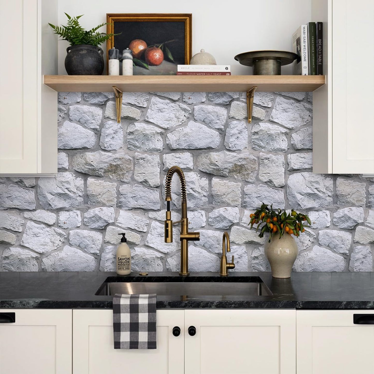 SMOOSTIKC 3D Faux Stone Wall Panels Peel and Stick Whitewash, 10 Pcs 11.8" x 11.8", Stone-Look Textured Wall Sticker, Ultra-Light Thin PVC Fake Stone Wall Covering Tiles for Quick DIY