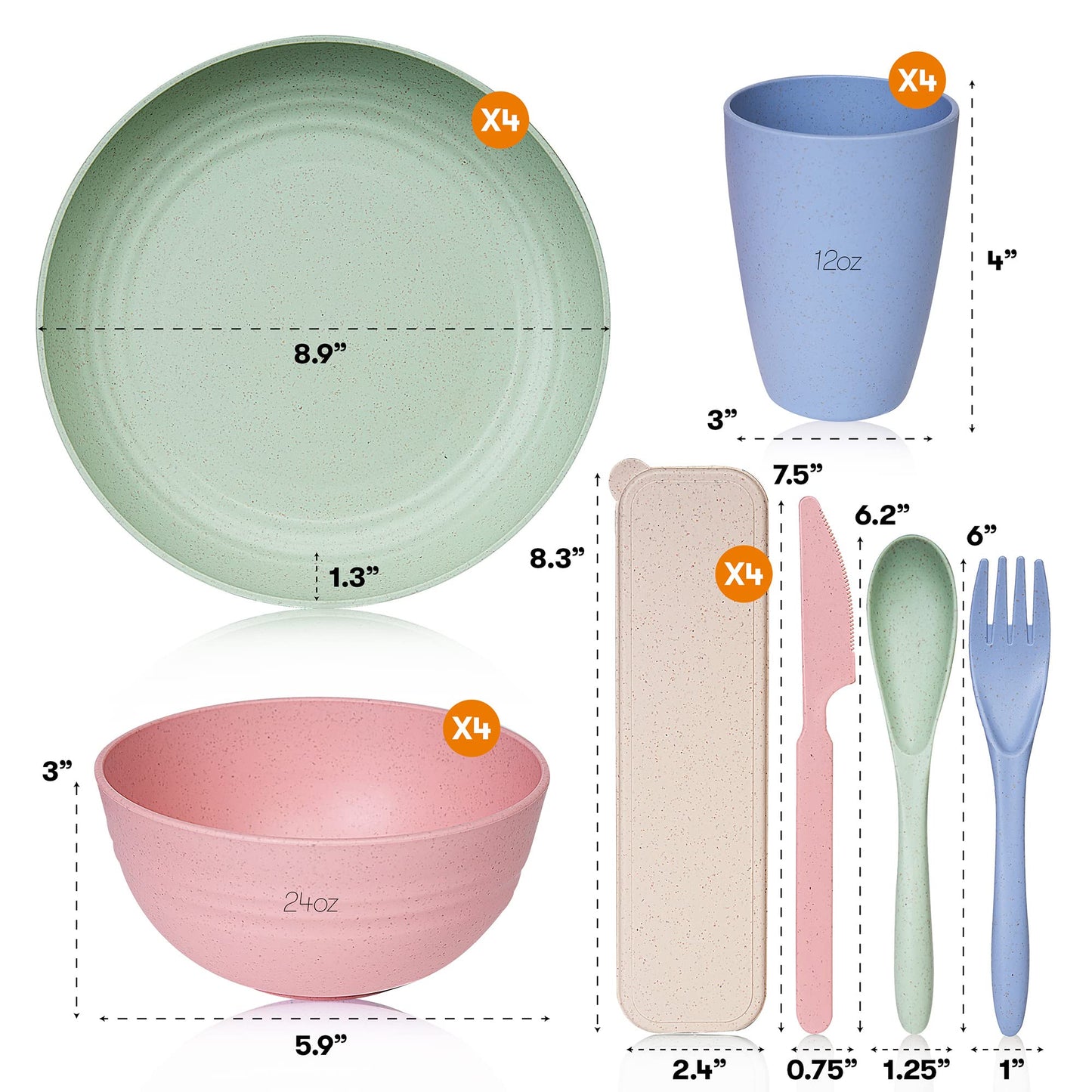 Wheat Straw Dinnerware Sets | Unbreakable Dinnerware Sets | Dishwasher Microwave Safe Dinnerware | Eco Friendly Non Breakable Dinnerware Sets | RV Outdoor Camping (Multi, Service for 4 (28 pcs))