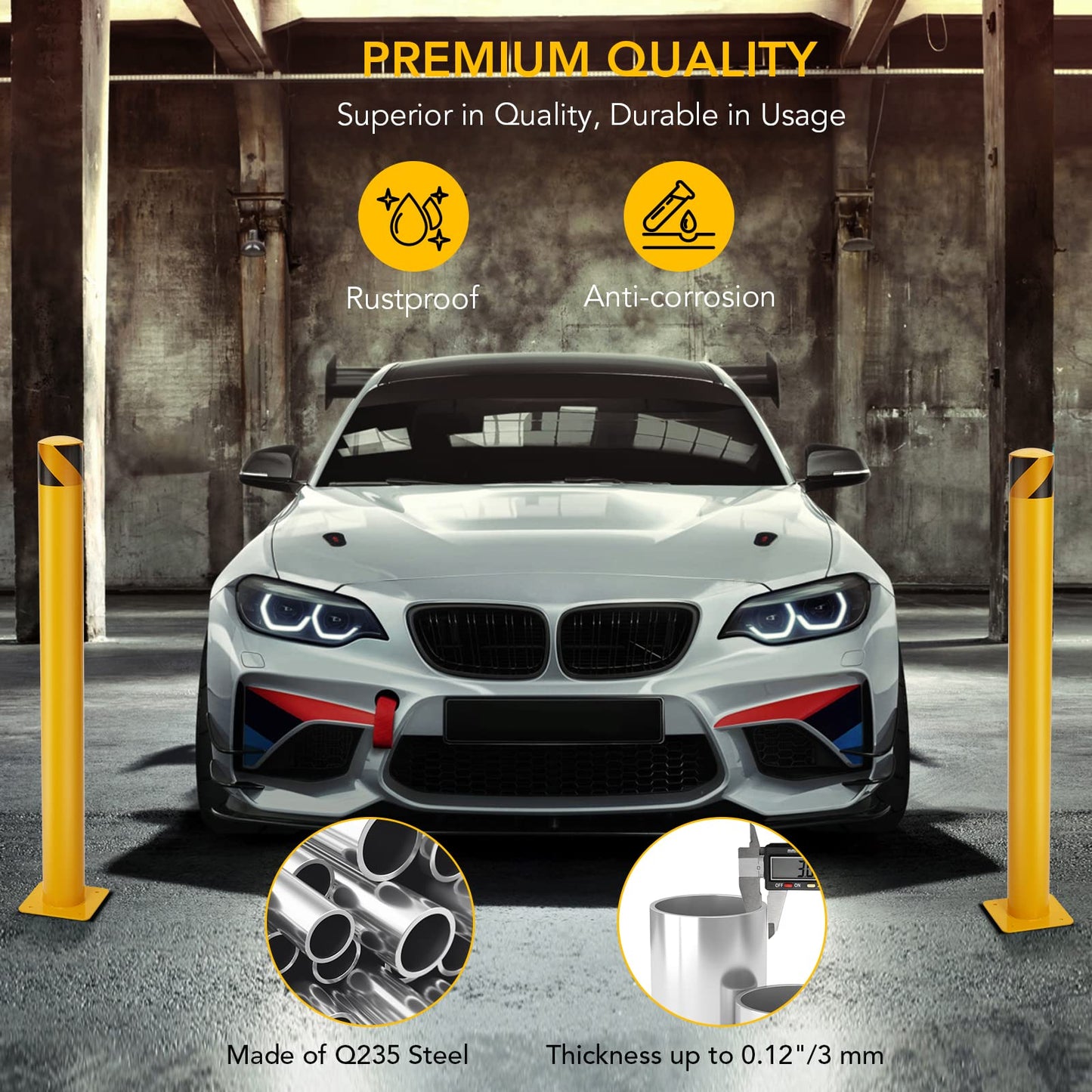 Safety Bollard Post 6 Packs, PeakPursuit 48 Inch Height Steel Bollards, 4.5 Inch Diameter Parking Bollard, Yellow Powder Coated Safety Parking Barrier Post, for Traffic Sensitive Areas