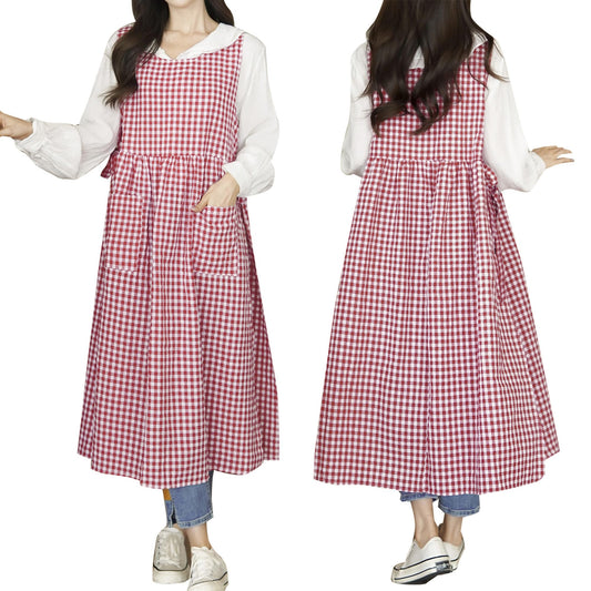 TALIBSA Plaid Apron Dress，Japanese Cotton Linen Cross Back Apron for Women with Pockets，Pinafore Dress with Waist Ties (Red Plaid)