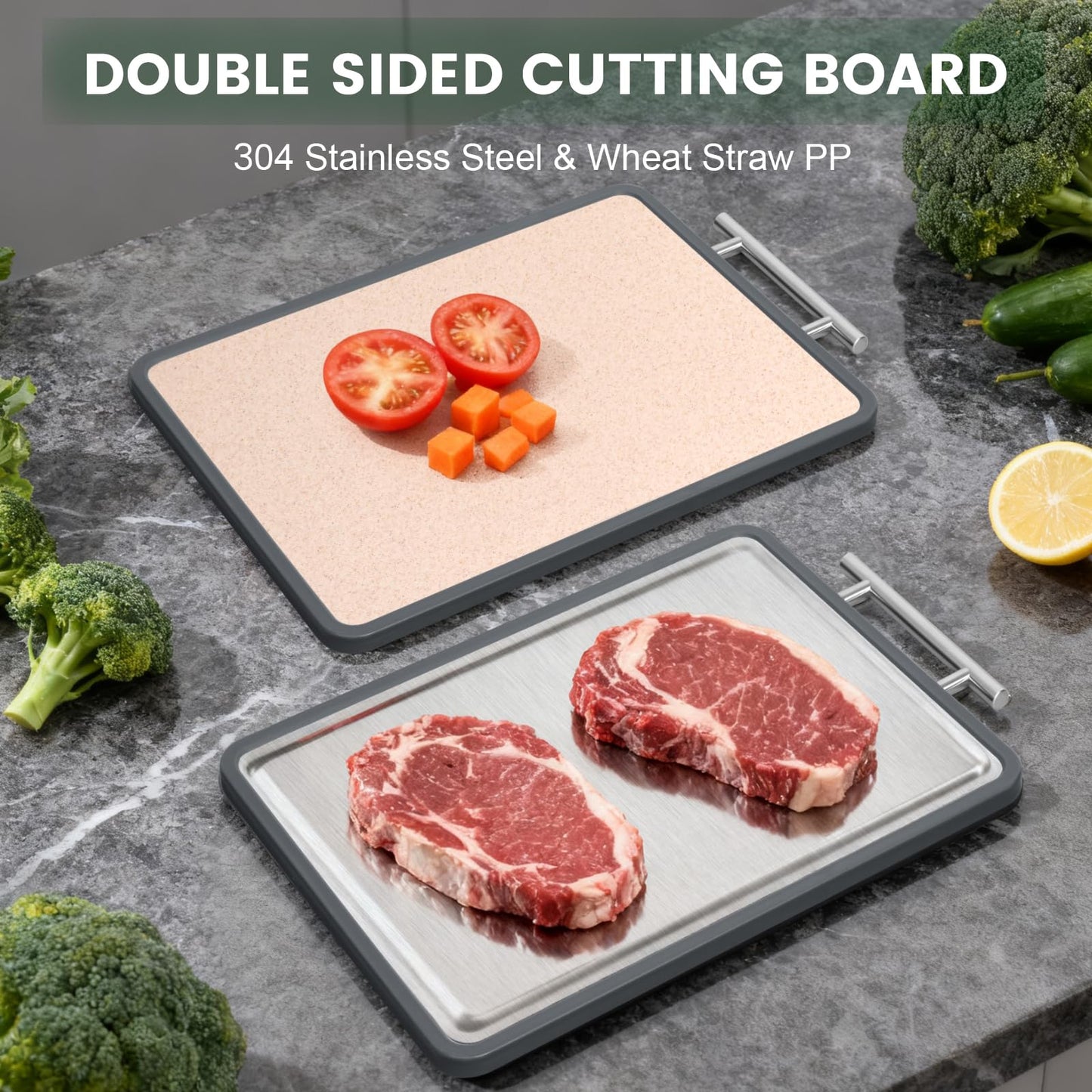 Stainless Steel Cutting Board 8x10" and 15x11", IDekooror Double Sided Steel Chopping Board for Kitchen, Steel and Wheat Straw PP 2-in-1 Cutting Board for Meat Vegetables Fruits, Dishwasher Safe