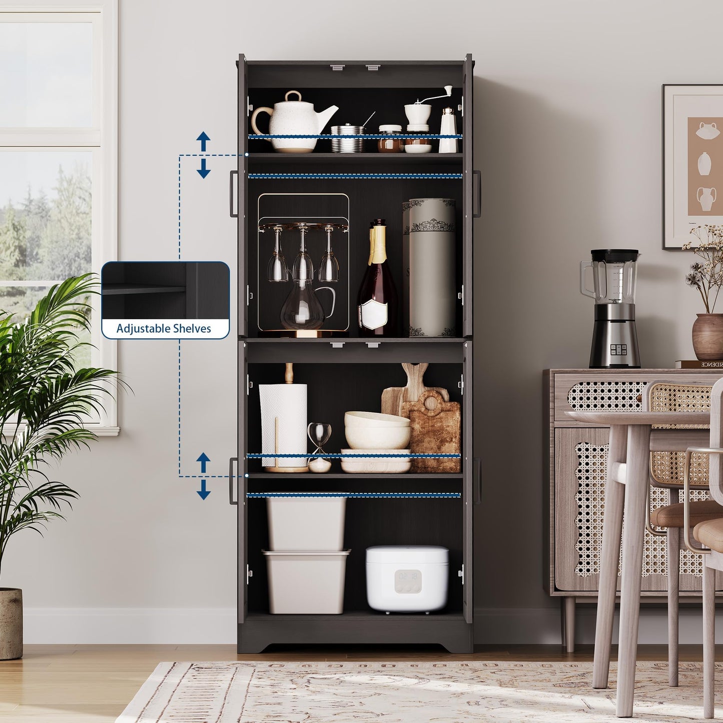 Farmhouse Pantry Cabinet, 71" Tall Wood Kitchen Storage Cabinet with 4 Doors & Adjustable Shelves, Large Freestanding Food Pantry Cupboard with Anti-Tip Kit for Kitchen, Dining Room, Living Room