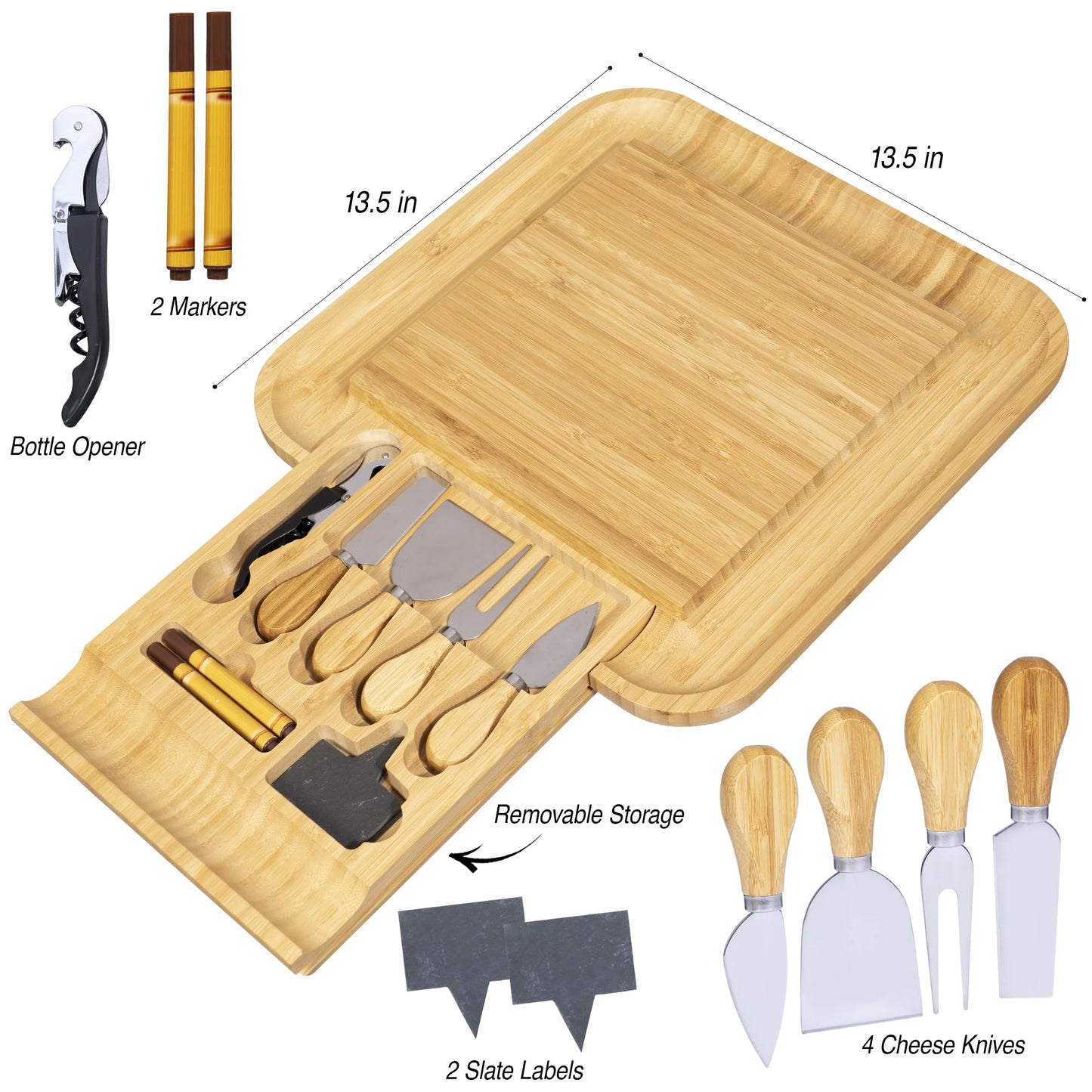 Charcuterie Board Set with Knife Drawer – Large Bamboo Cheese Board Set with Knives, Serving Board for Meat, Cheese & Appetizers – Housewarming & Wedding Gift
