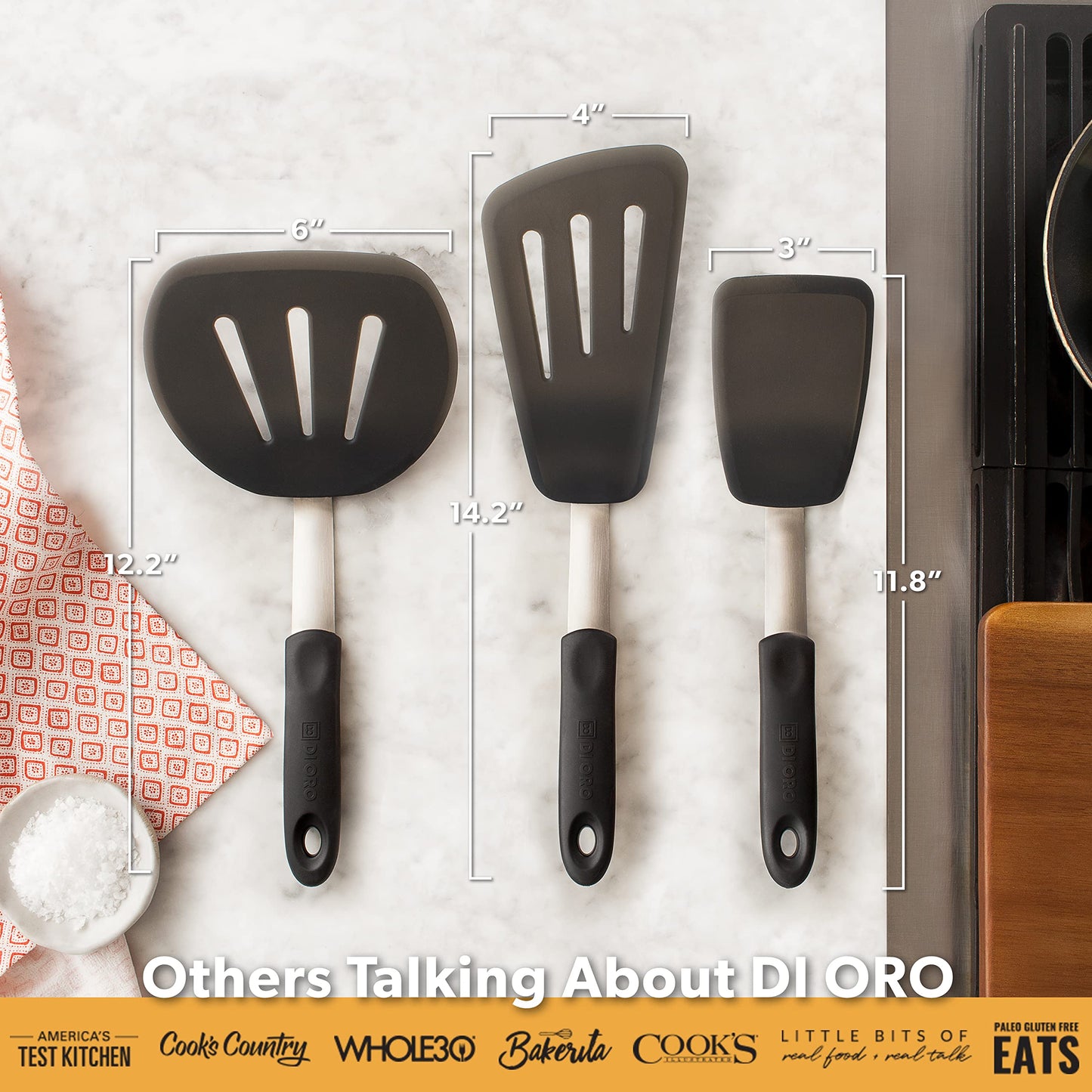 DI ORO - Chef Series FLEX Silicone Spatula 600ºF Heat-Resistant Flexible Silicone Rubber Turner Spatulas (3-Piece Set)