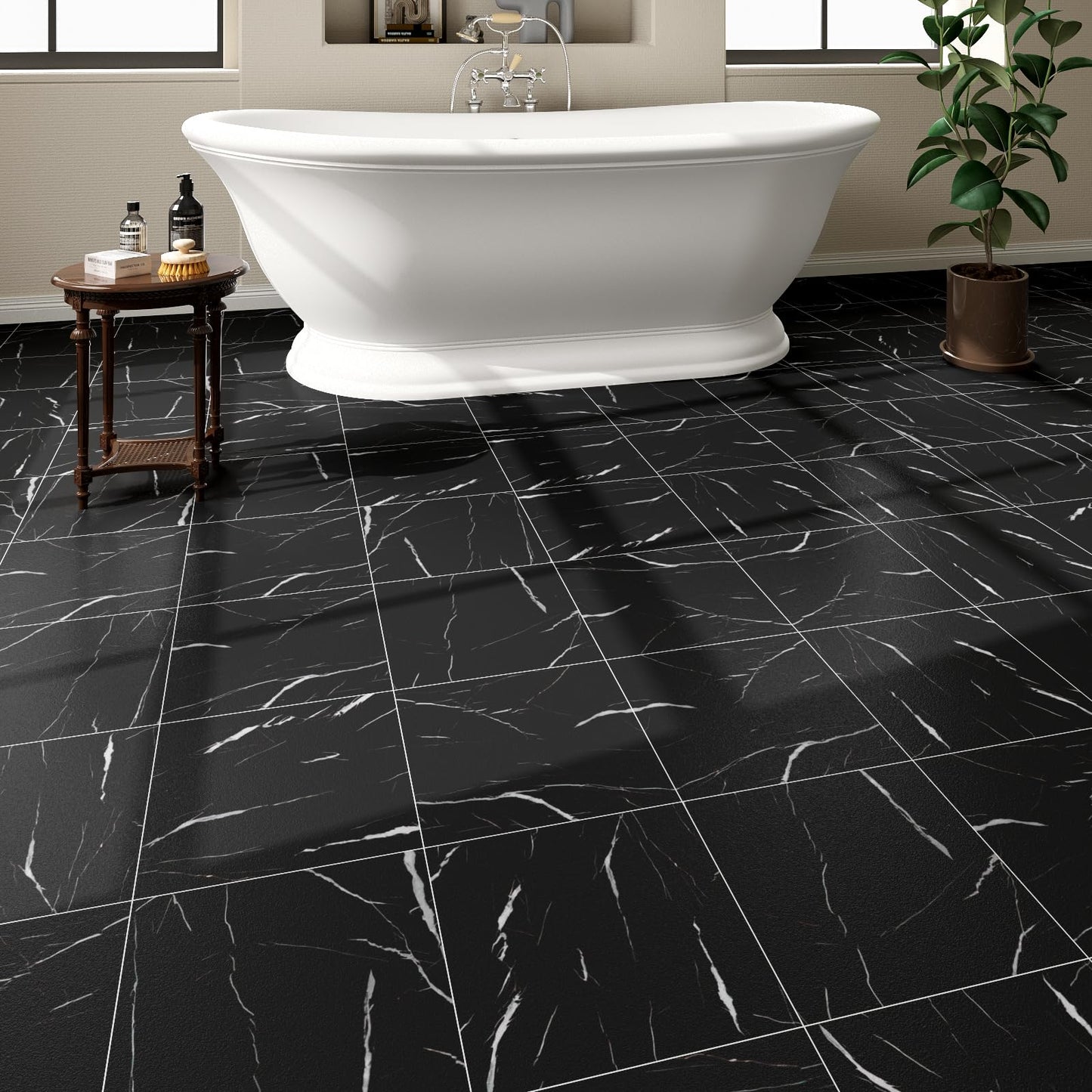 40-Pack Peel and Stick Floor Tiles Vinyl Floor 12 x 12 inch Self Adhesive Waterproof Flooring Planks DIY for Bathroom, Kitchen, Living Room, RV, Cover 40 Sq. Ft, Black Vein Marble