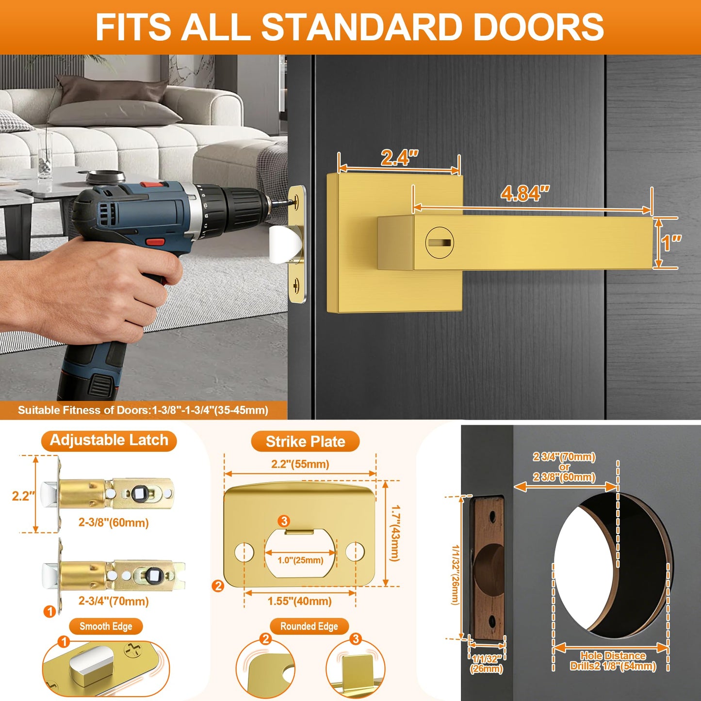 Plustool 6 Pack Brushed Gold Door Handles, Interior Door Knob Heavy Duty, Flat Square Privacy Door Locks, Keyless Door Leverset for Bedroom and Bathroom