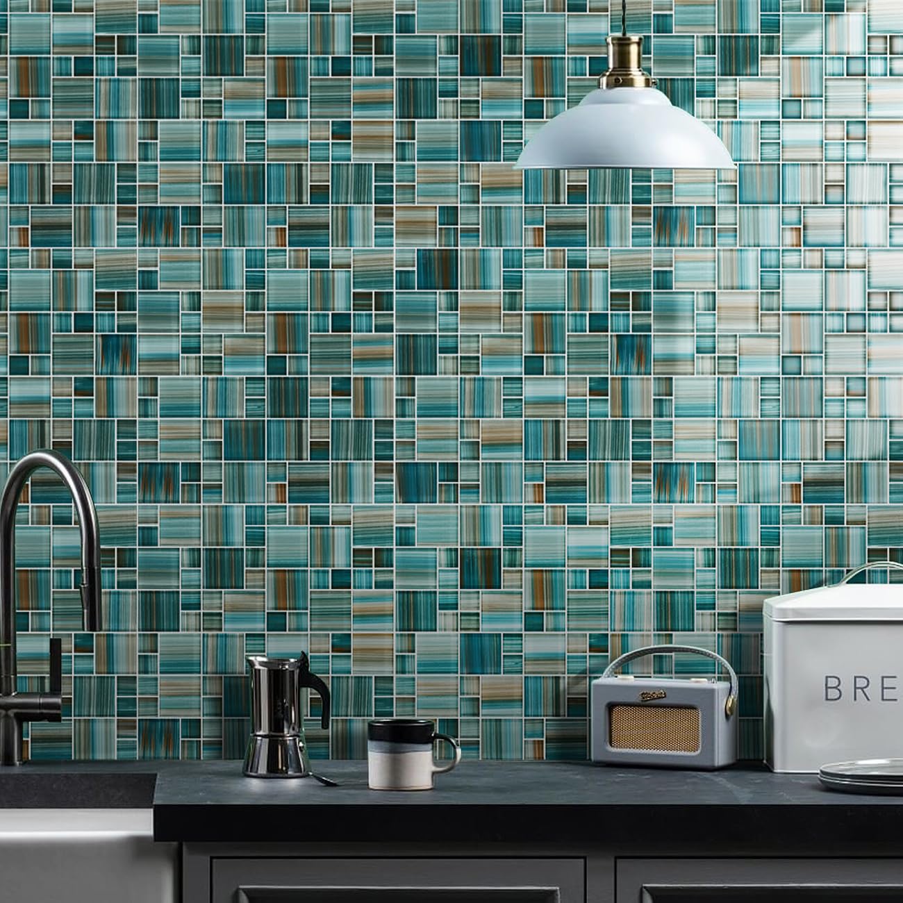 VividCraftX 4 Sq.Ft Premium 6mm Glass Mosaic Pool Tile, Dual-Size Square Pattern for Shower & Kitchen Backsplash, Waterproof for Spa & Waterline (Aegean Coastal Mix)