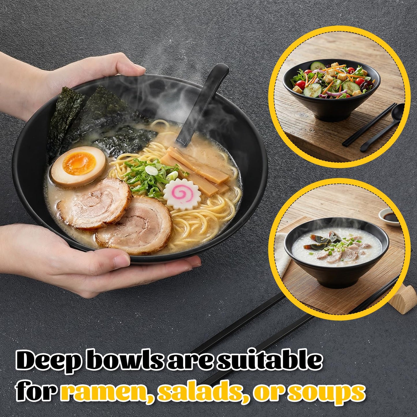 Lyksgir Set of 4 Ramen Bowl Sets, Japanese Style Melamine Bowls and Spoons Set, Black Large Noodle Soup Bowls Sets with Spoons and Chopsticks for Pho Thai Udon Soup Noodles Rice (Black 54 oz)
