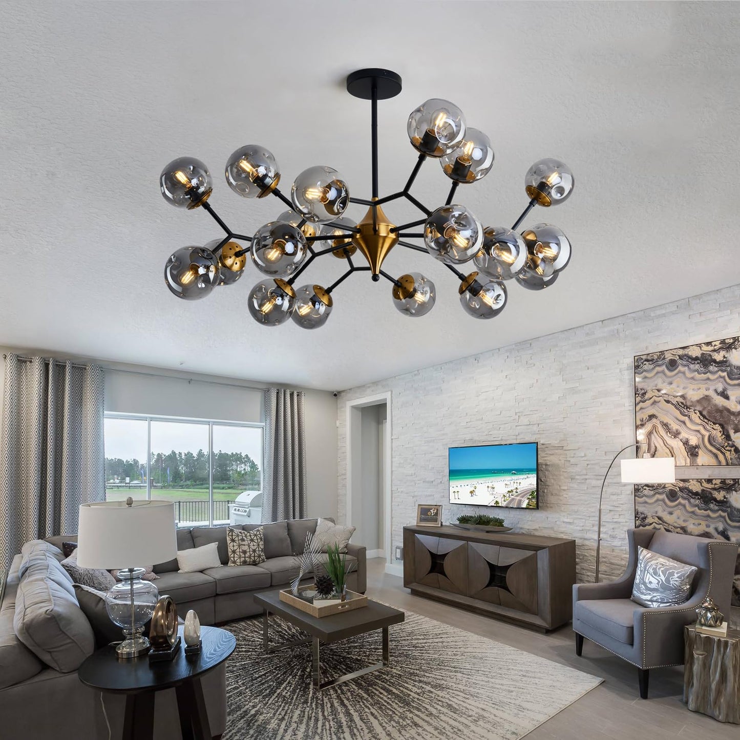 hesoge 20 Light Extra Large Sputnik Chandelier Mid Century Modern Black and Gold Ceiling Light Fixture with Glass Globe Pendant Light Hanging for Dining Room Kitchen Living Room Foyer.