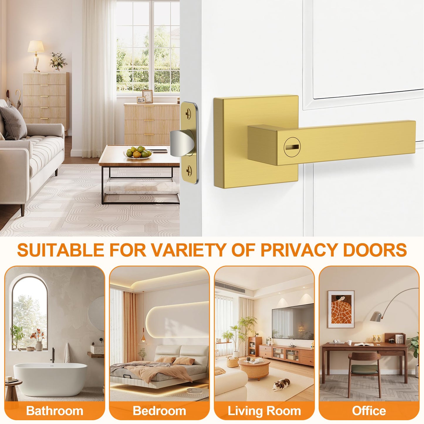 Plustool 6 Pack Brushed Gold Door Handles, Interior Door Knob Heavy Duty, Flat Square Privacy Door Locks, Keyless Door Leverset for Bedroom and Bathroom