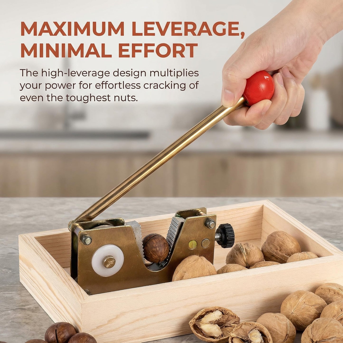 Nut Cracker Tool with Adjustable U-Groove - All-in-One Set with Wooden Storage Base & 4 Steel Picks for Pecans, Walnuts, Macadamia & More