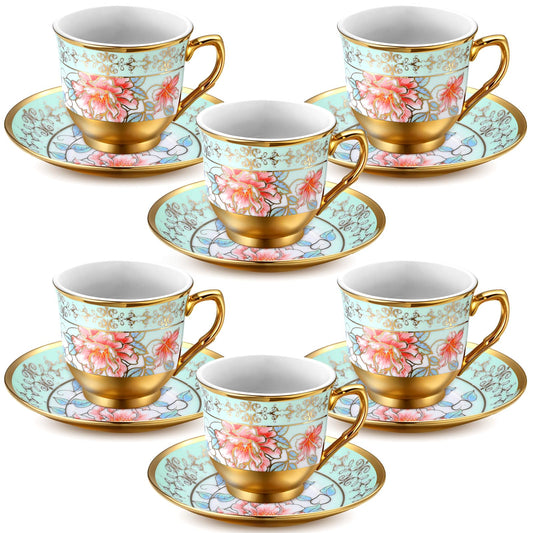 Acellegic Vintage Floral Tea Cups and Saucers Set of 6 (3 Oz), Porcelain Tea Cup Sets Assorted Colors with Gift Box for Cappuccino, Macchiato, Birthday Party Supply(Green)