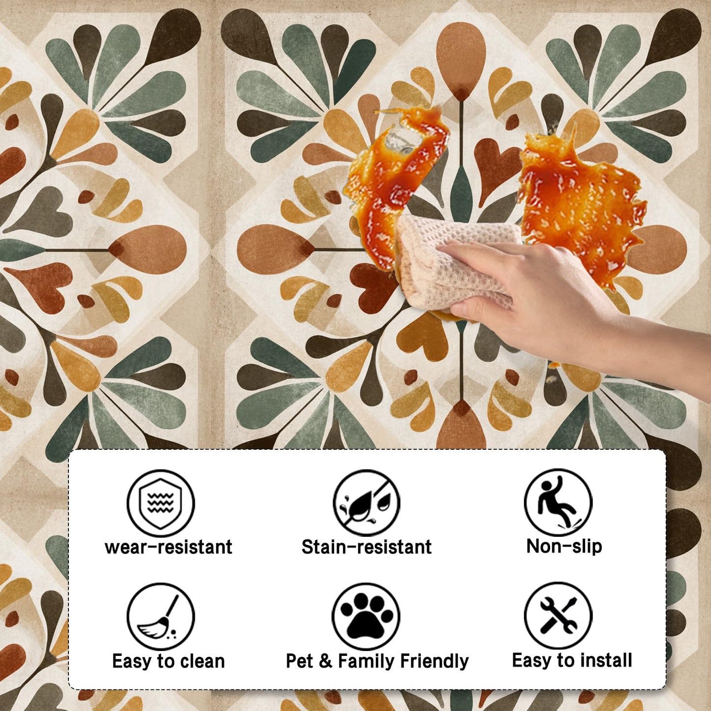 Nuxovilar Peel and Stick Vinyl Floor Tiles, 12x12 Inch Retro Geometric Floral Pattern, Self-Adhesive Flooring (10 Pcs)