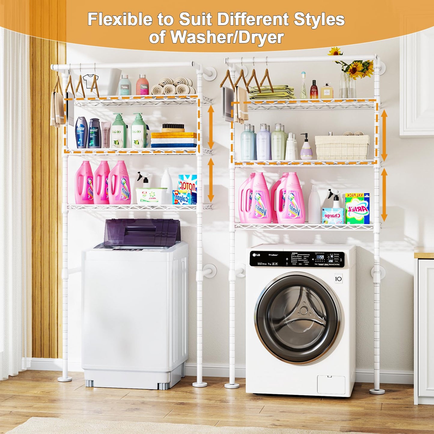 ULIFHOME U17 Wall-Mounted Over The Washer Dryer Shelves Without Moving Machines, Laundry Room Rack with Adjustable Shelves and Hanger Rod, 35" W x 22" D x 86.2" H, Holds 352 lbs, White