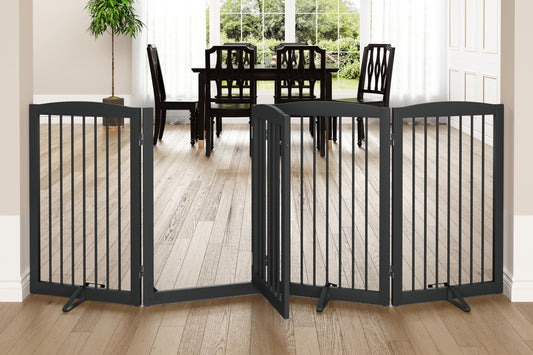PUPETPO Freestanding Dog Gates with Door Walk Through, Pet Gate for Stairs, 80 inch Wide Gates Indoor, Dog Fences Indoor, Support Feet Included, 4 Panels, 32" Tall, Grey