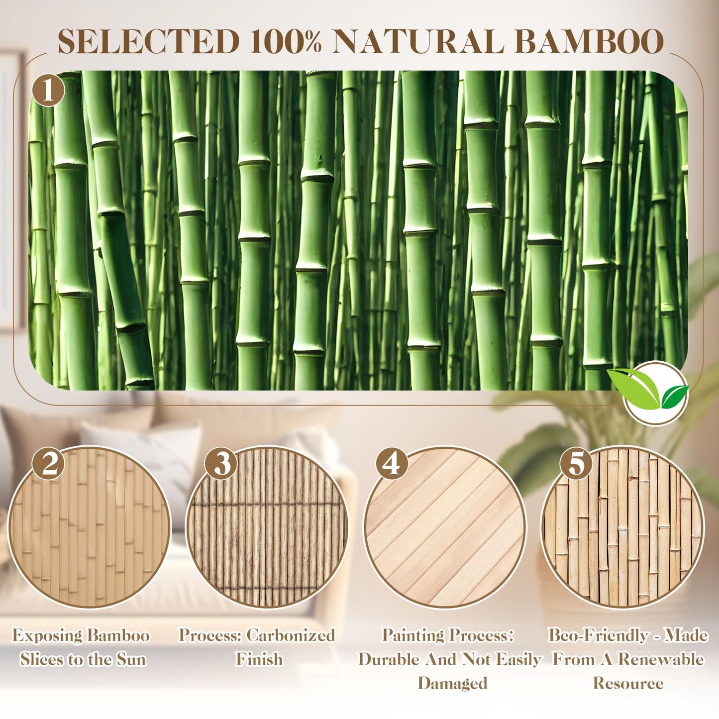 Juexica 2 Pcs Natural Bamboo Wall Panel for Interior Wall 48''x96'' Bamboo Covering Renewable Pole Wainscoting Room Divider Wrap Decor for Bedroom Living Room Kitchen Island Office (Light Carbonized)