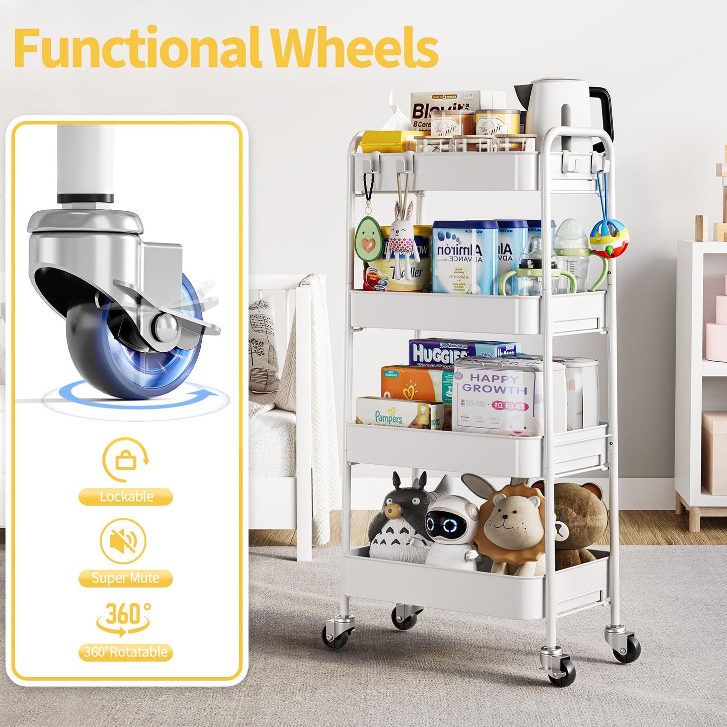 TOOLF 4-Tier Rolling Cart - Metal Storage Organizer with Lockable Wheels, 44 lbs Per Shelf Capacity, Tool-Free Assembly, for Kitchen Bathroom Office Laundry Room Nursery, White