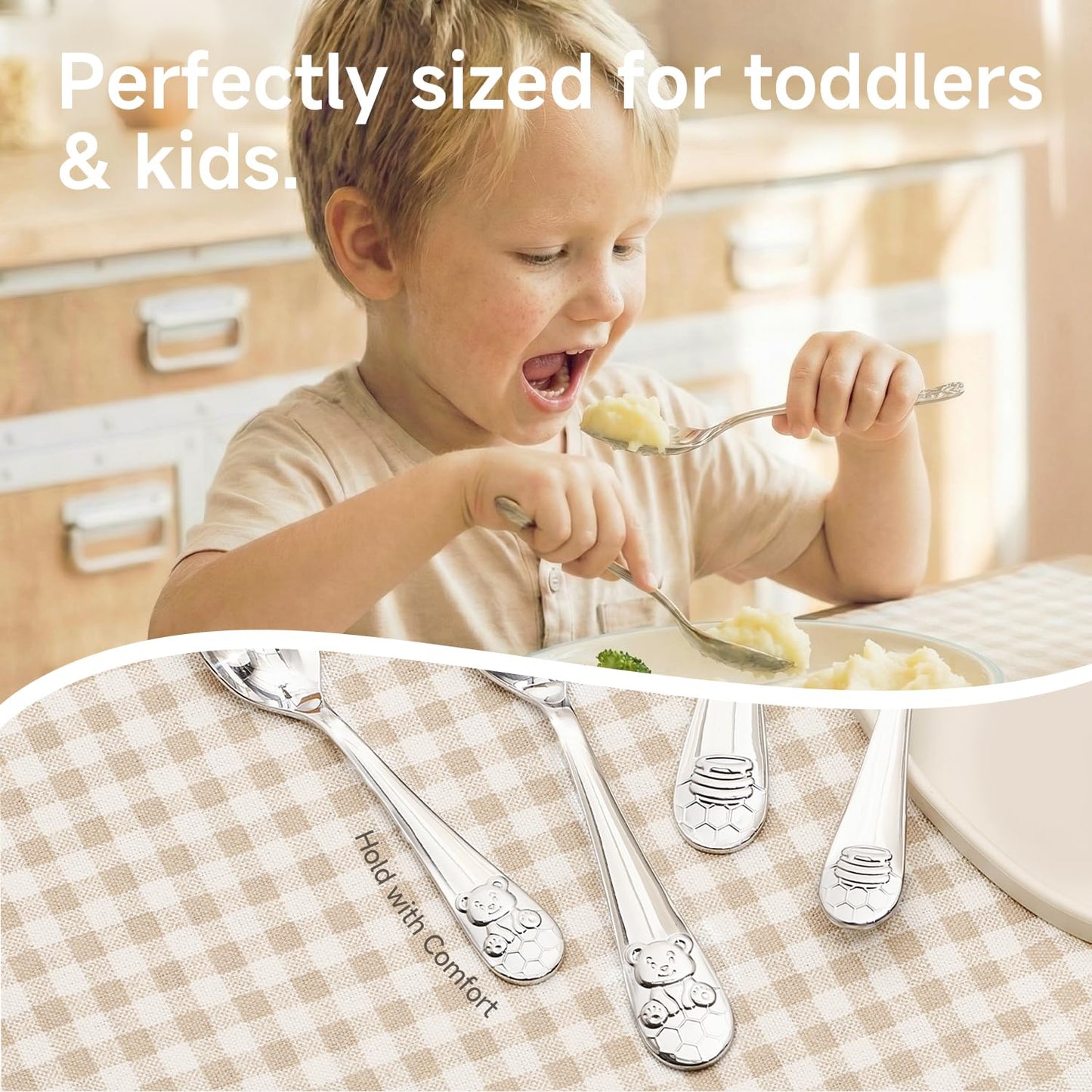 KINGSTONE Toddler Utensils Set, 12-Piece Small Forks & Spoons, 18/10 Stainless Steel, Ergonomic Self-Feeding Children’s Flatware for Home & Preschool, Honey Bear Print