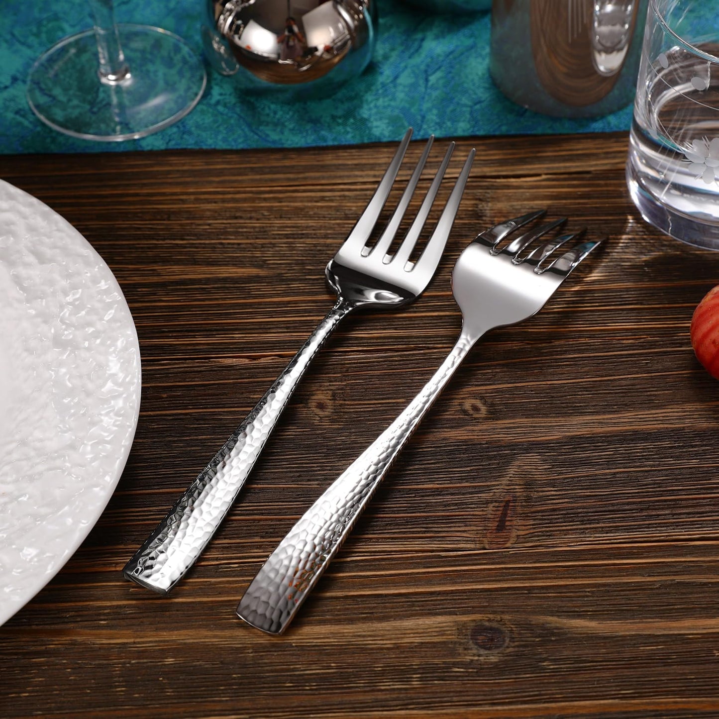 KEAWELL Premium Louis Hammered Table Utensils, 18/10 Stainless Steel, Squared Edge, Mirror Finish, Dishwasher Safe (Serving Forks, Set of 2)