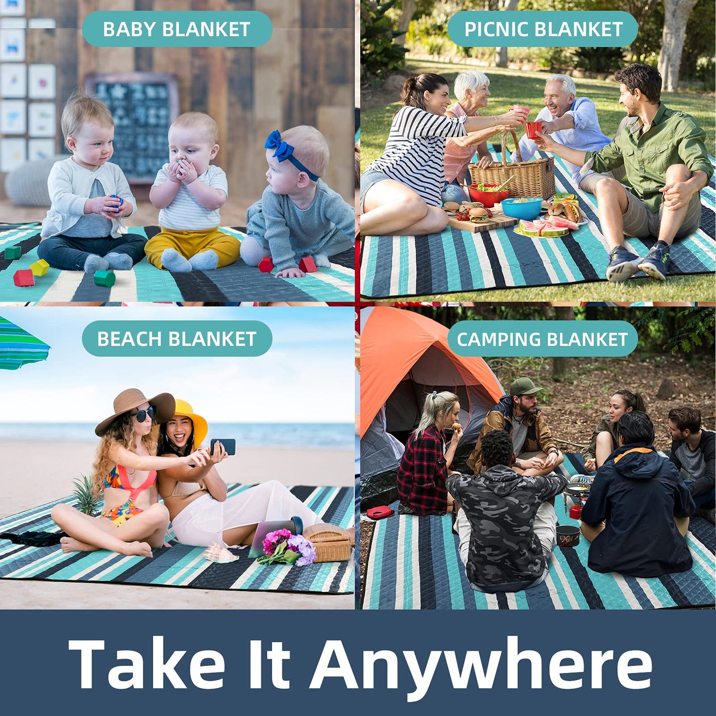 ZAZE Picnic Blankets Beach Blanket, 80''x80'' Extra Large Thick 3-Layers, Sandproof Machine Washable Waterproof Foldable Oversized XL Outdoor Mat, for Camping, Park, Travel, Grass(Blue White Stripe)