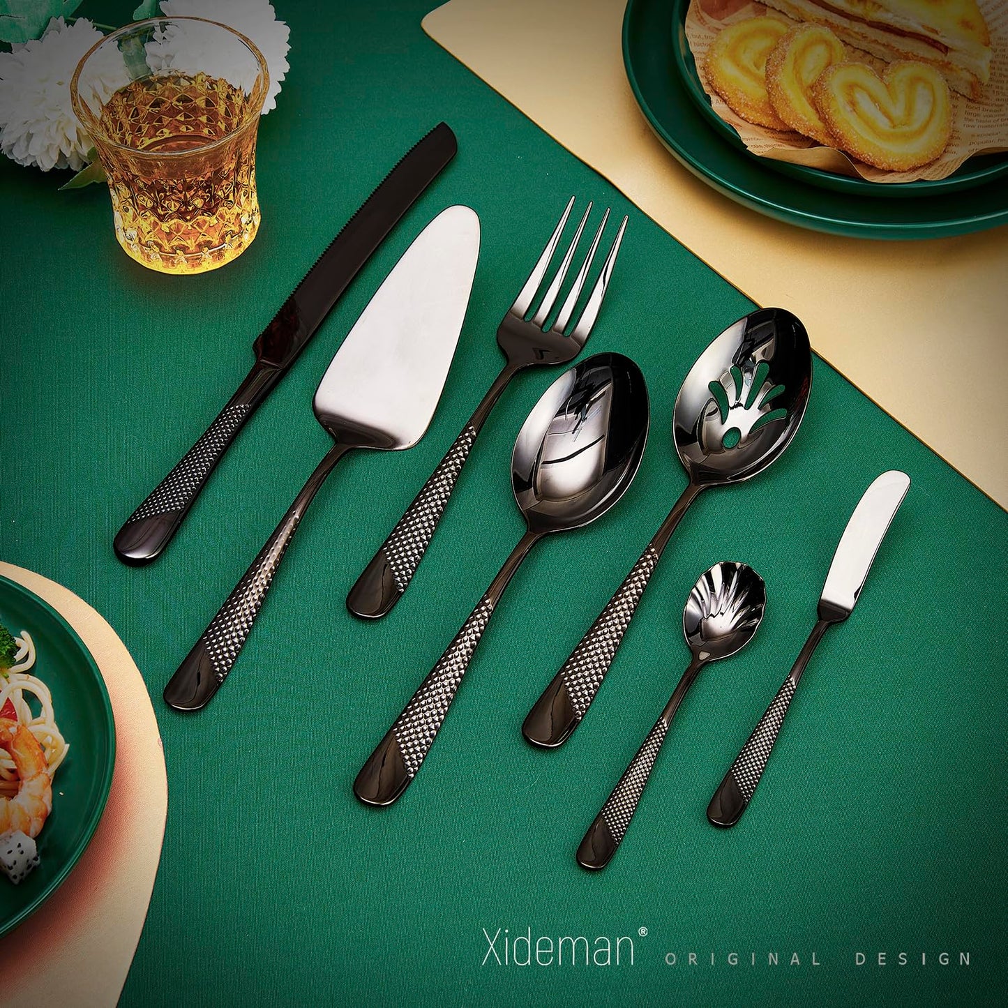 Xideman® 7-Piece Hammered 18/10 Stainless Steel Silverware Serving Utensil Set - Hostess Flatware with Cake Knife & Cake Server (Black)