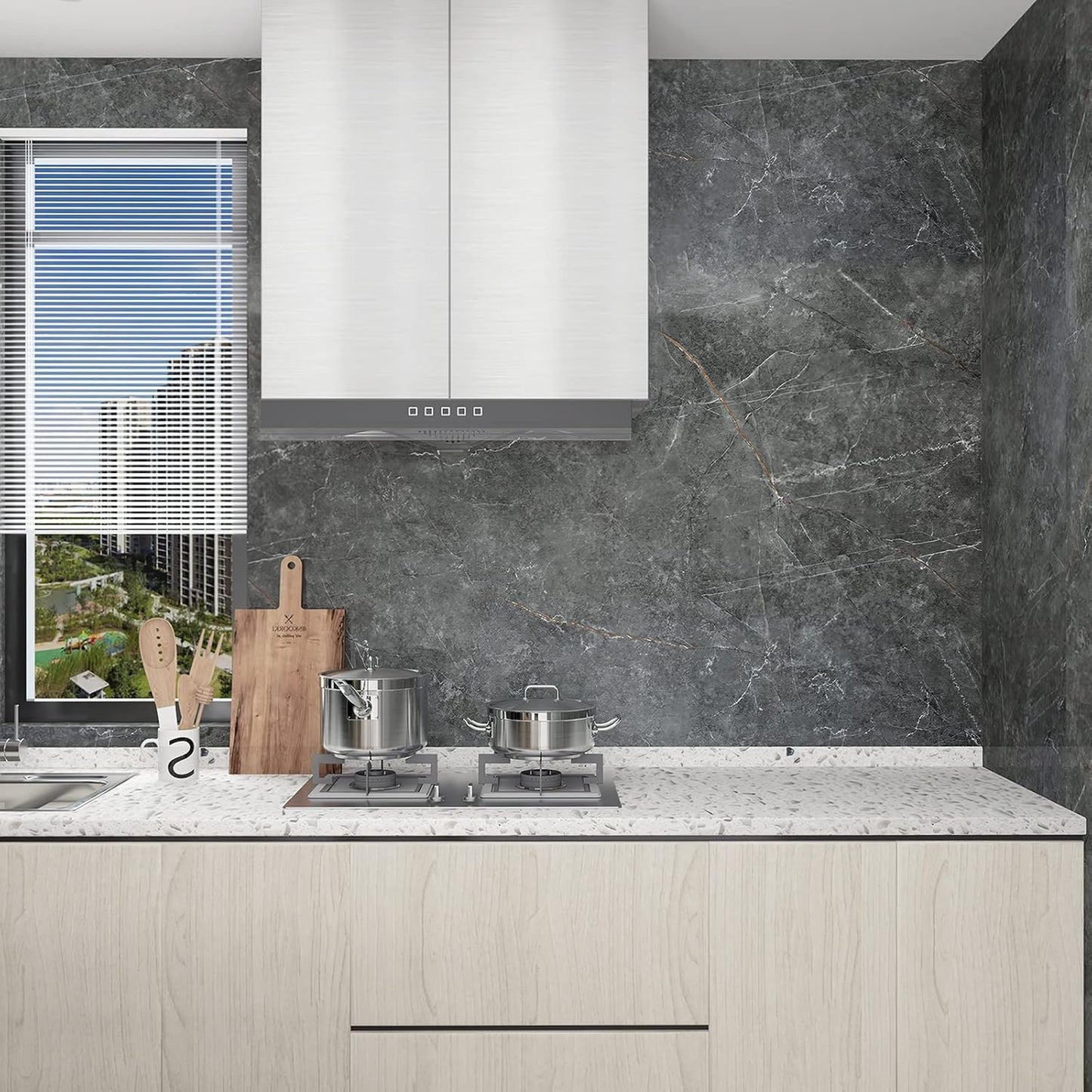 BOMENG Glossy Marble Contact Paper Granite Grey Peel and Stick Wallpaper for Bathroom Kitchen Cabinets Countertops Furniture Renovation, Removable Waterproof Self-Adhesive Vinyl Wrap 24" x 197", Gray