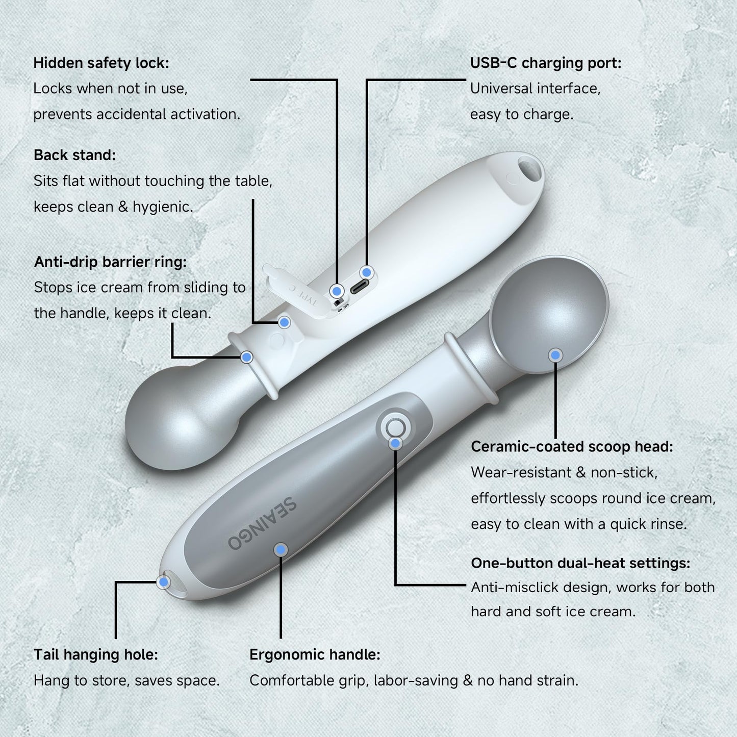 SEAINGO Heated Ice Cream Scoop - Rechargeable, ON/OFF Safety Lock Switch, Two Warming Modes, Ergonomic Handle, Electric Kitchen Tool Nonstick Scooper for Gelato, Frozen Yogurt, Sorbet & More