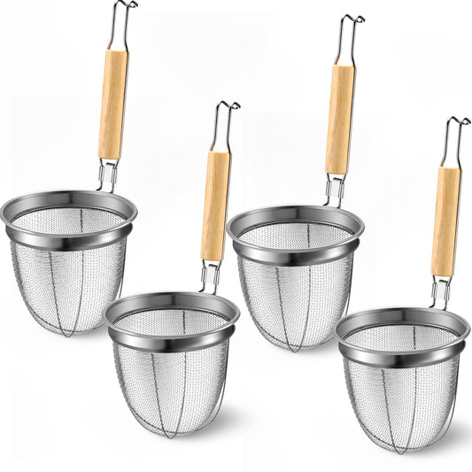 Patelai 4 Pcs Pasta Strainer Basket 5.5"x5.5" Stainless Steel Noodle Strainer with Wood Handle Kitchen Round Base Mesh Spider Basket Skimmer Food for Pasta, Ramen, Dumplings, and Deep-fried Foods