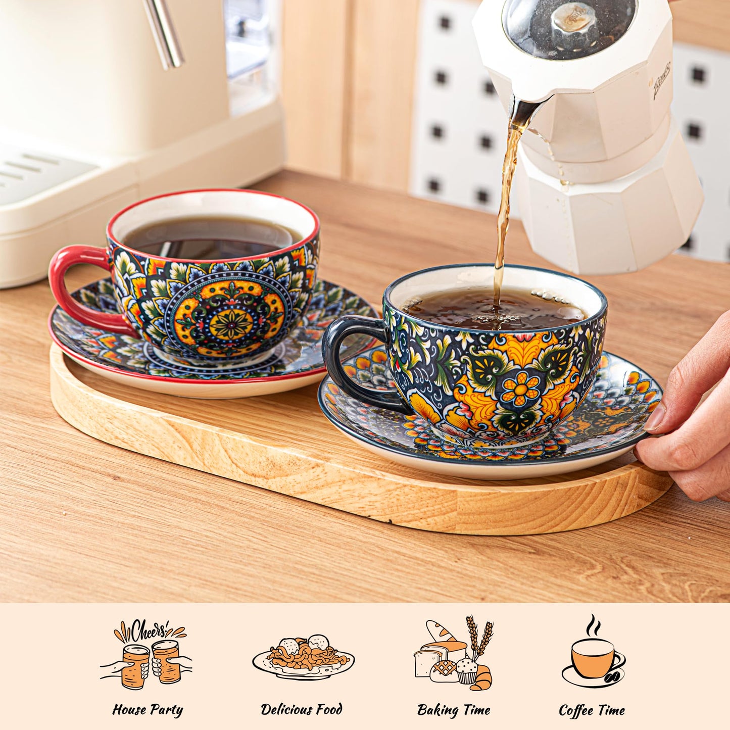 Henten Home Ceramic 8.5 oz Tea Cup Set, Latte Cup with Saucers Set of 6, Boho Style Cup for Cappuccino, Coffee, Hot Cocoa, Espresso, Microwave & Dishwasher Safe