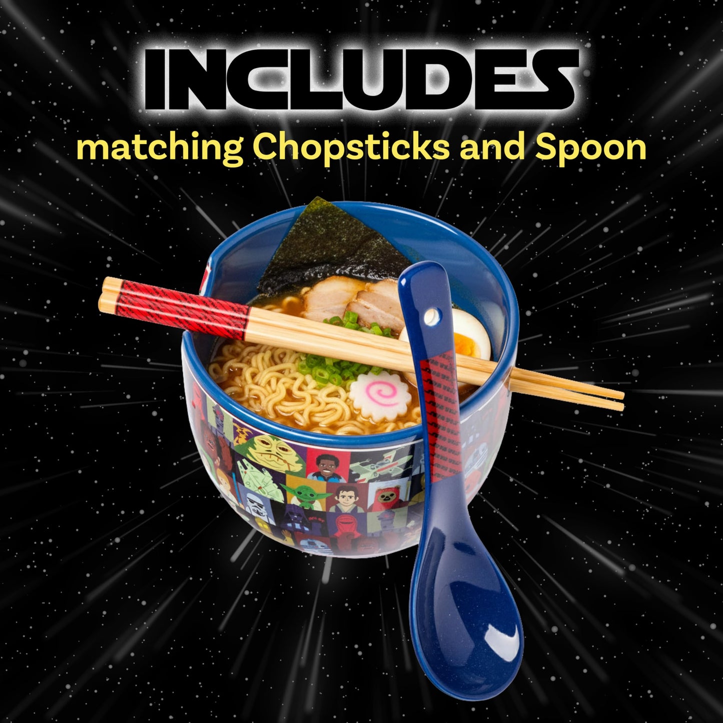 Silver Buffalo Star Wars Characters Ceramic Ramen Noodle Rice Bowl with Chopsticks and Spoon, Microwave Safe, 20 Ounces