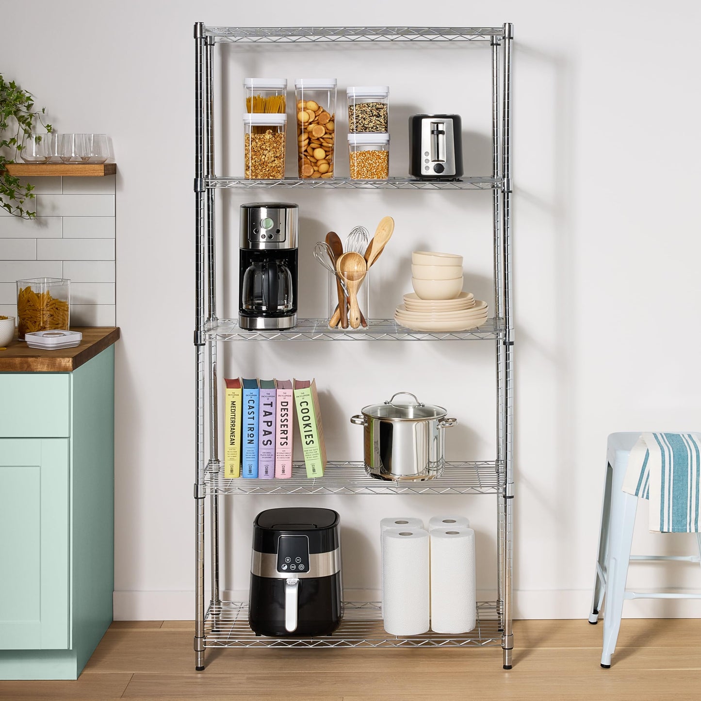Amazon Basics 5-Shelf Adjustable Heavy Duty Steel Wire Rack, Space Saving Storage Shelving Organizer for Kitchen, Garage, No-Tool Assembly, 350 lbs Weight Capacity, 36" x 14" x 72", Chrome