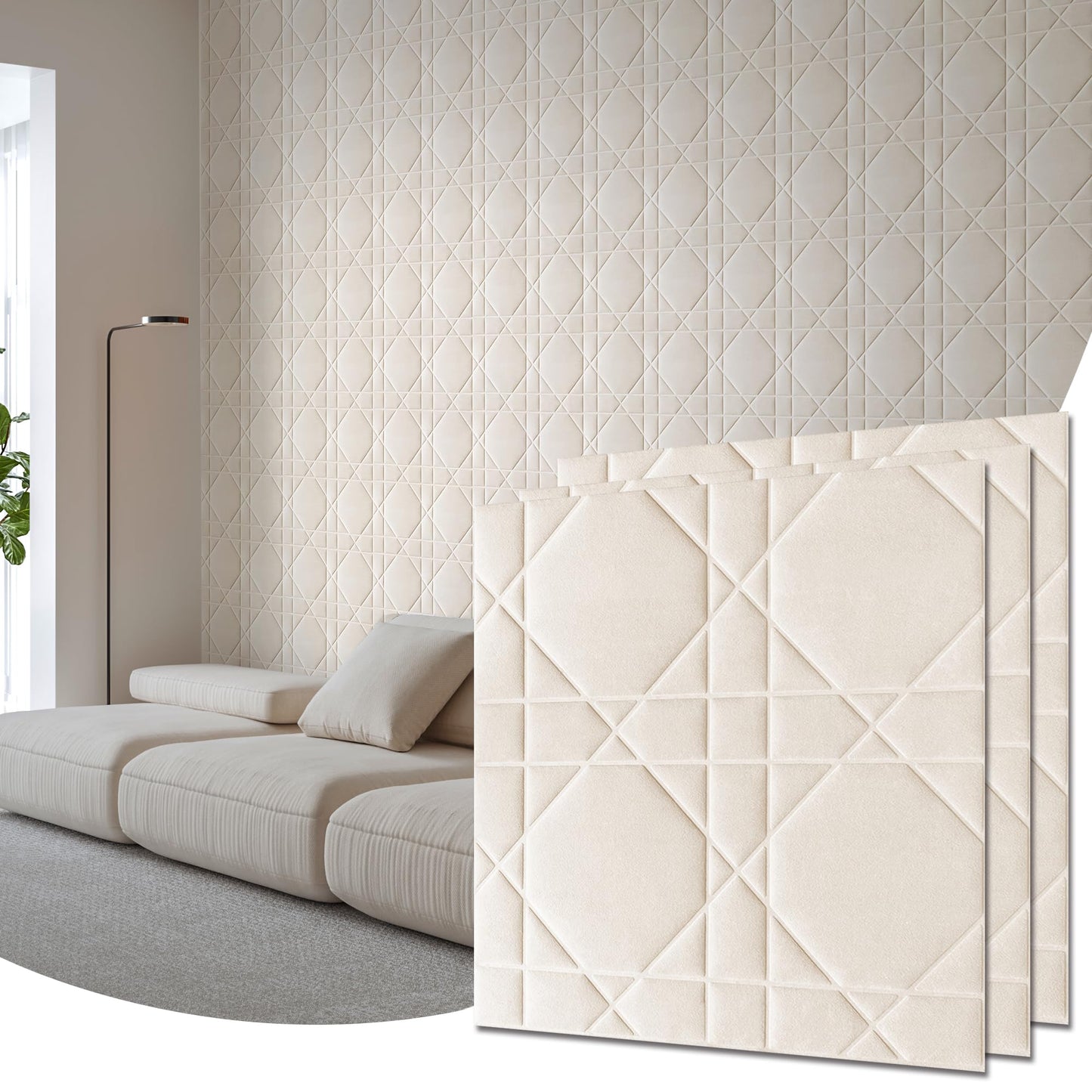 Aurawall Velvet 3d wall panels for Interior wall Decor peel and stick, Soundproof Geometric Textured 3d Wall Panels for Living Room, Bedroom, TV Background 17.7" x 17.7", Cover 26.15 Sq.Ft Cream White