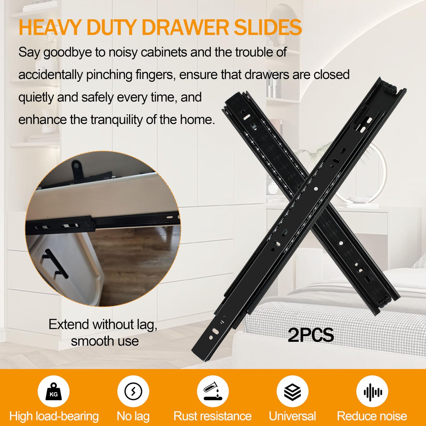 2 Pairs of 14 Inch Duty Drawer Slides,Cabinet Slides 3-Section Full Extension Ball Bearing Side Mount,for Dresser, Cabinet, Kitchen 100 LB Capacity