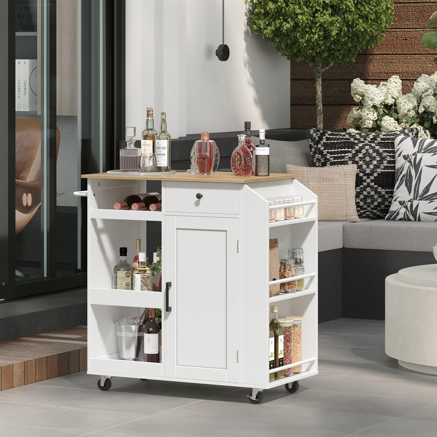 MAHANCRIS Kitchen Island with Power Outlet, Kitchen Storage Island with Drawer, Rolling Kitchen Cart on Wheels, Spice Rack, Towel Rack, Wine Rack, for Dining Room, White and Natural KINW122E01N1