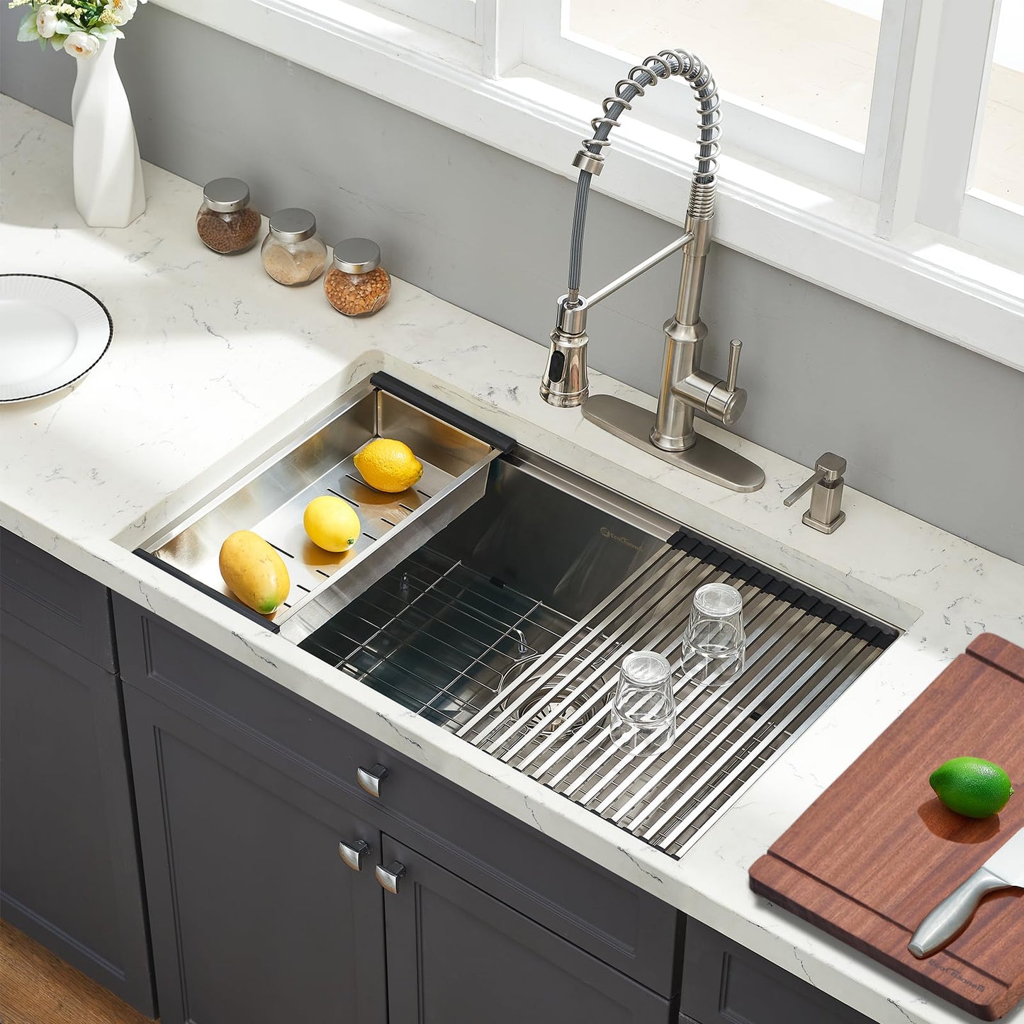 EcoChannels Undermount Kitchen Sink, 30 x 19 Inch Sink Kitchen 16 Gauge Stainless Steel Kitchen Sinks Single Bowl Workstation Sink with Cutting Board
