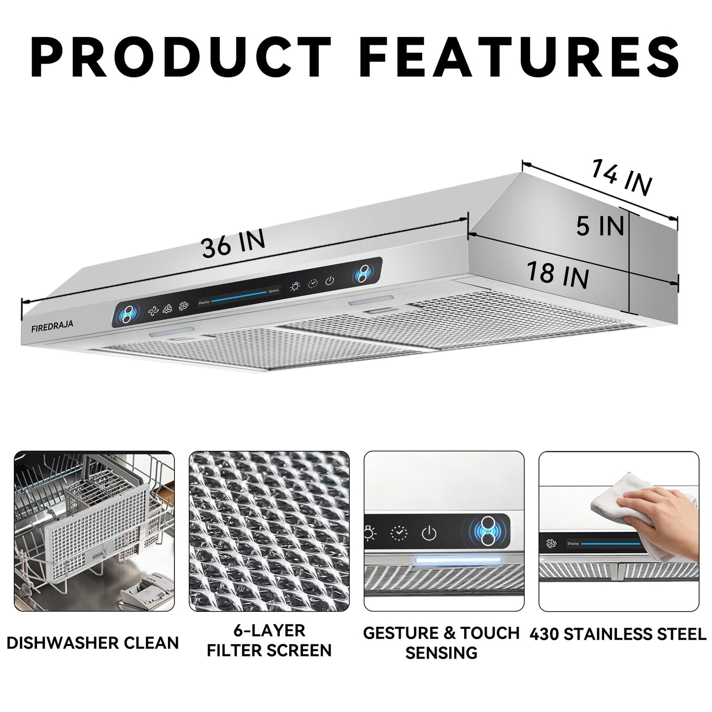 36 Inch Under Cabinet Range Hood, 700 CFM Kitchen Vent Hood with Touch & Gesture Control, 3-Speed Quiet Operation, Stainless Steel with LED Lights, Ducted/Ductless