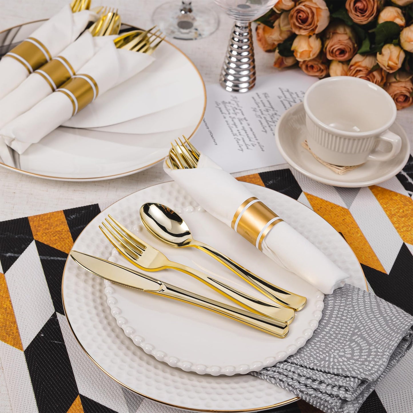 N9R 120 Pack Pre Rolled Gold Plastic Silverware Set, Wrapped Plastic Silverware Set with 120 Forks, 120 Knives, 120 Spoons and 120 Napkins, Disposable Cutlery Set for Party and Wedding