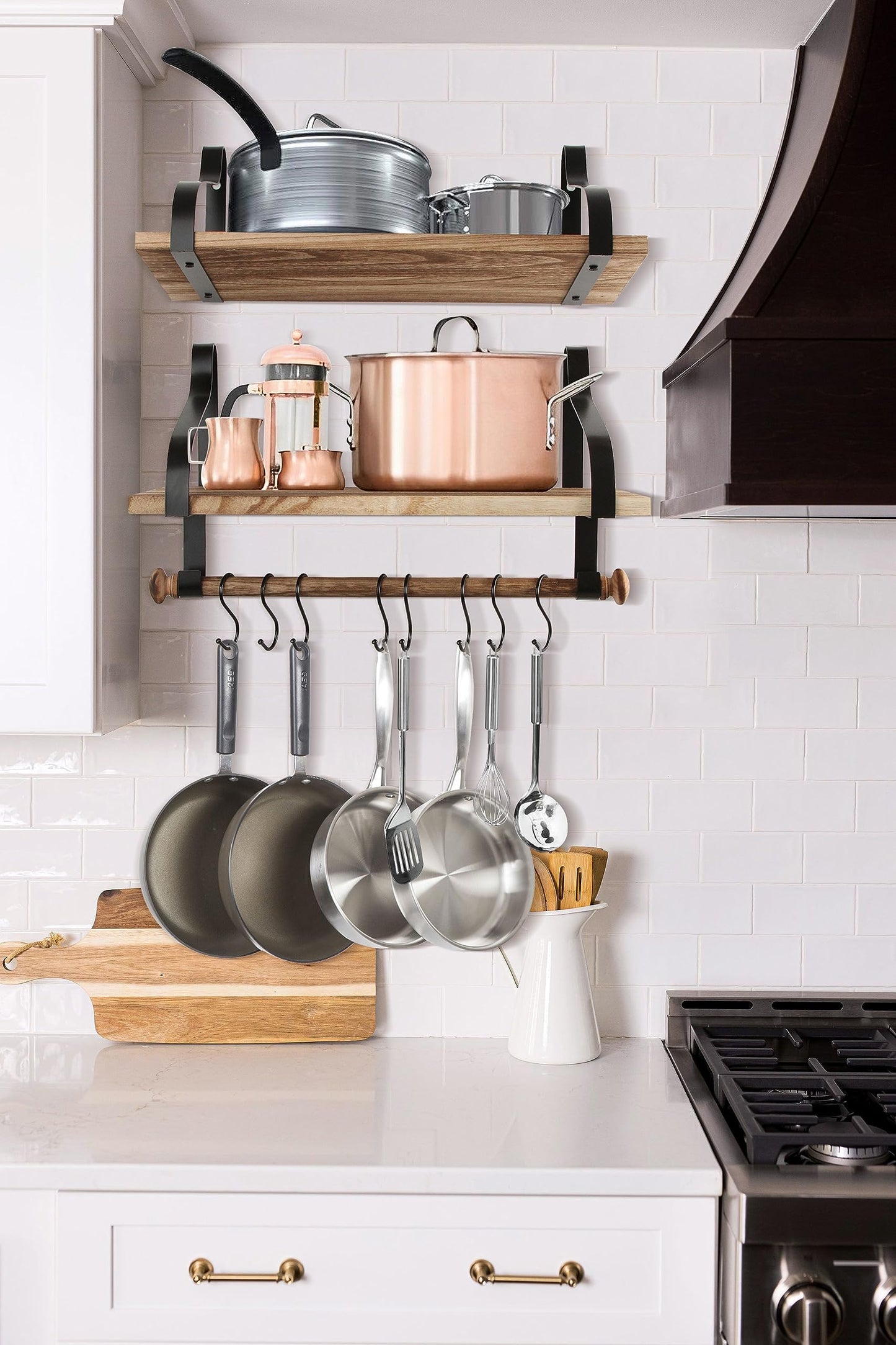 Gurfury Wooden Hanging Pot Rack with 8 Hooks - Farmhouse Style Wall Mount Multifunctional Cookware Organizer Rack Kitchen Storage for Pans Utensils (Natural)
