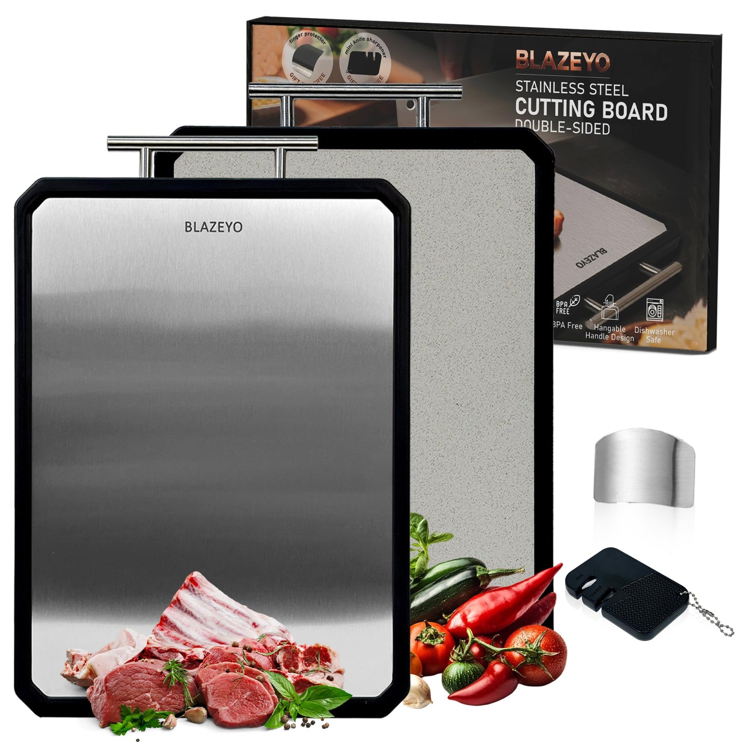 Stainless Steel Cutting Board, Heavy Duty Large 16”×11” 2-in-1 Double Sided Chopping Board for Kitchen, Food Grade Non Toxic Wheat Straw PP & Steel Surfaces, for Meat/Vegetables, Dishwasher Safe