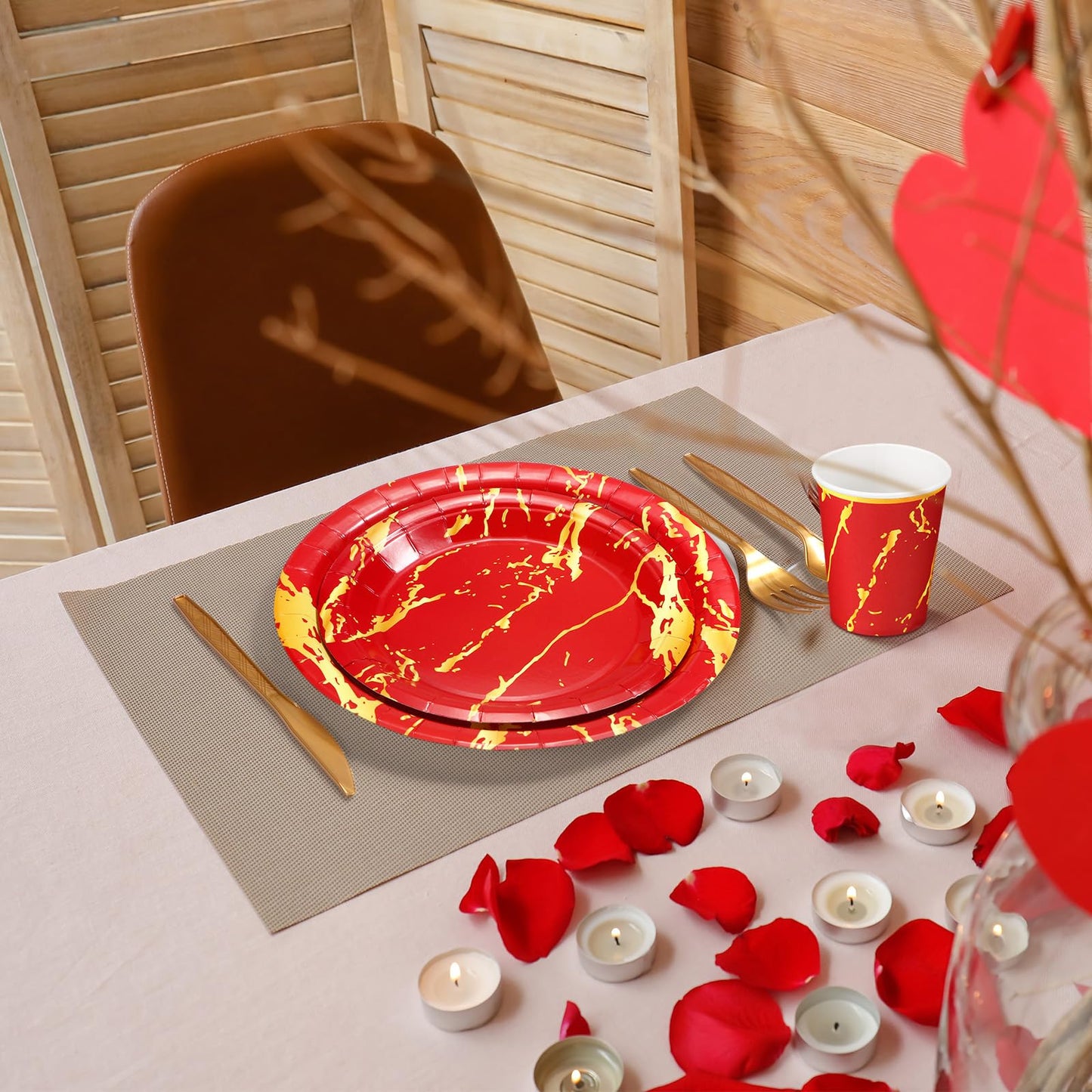 Bokon 350 Pcs Red Gold Party Supplies Disposable Dinnerware Set Include 100 Plates 50 9 oz Paper Cup 50 Sets Spoon Fork Knives 50 Napkin for 50 Guests Wedding Birthday Valentines Party Decoration