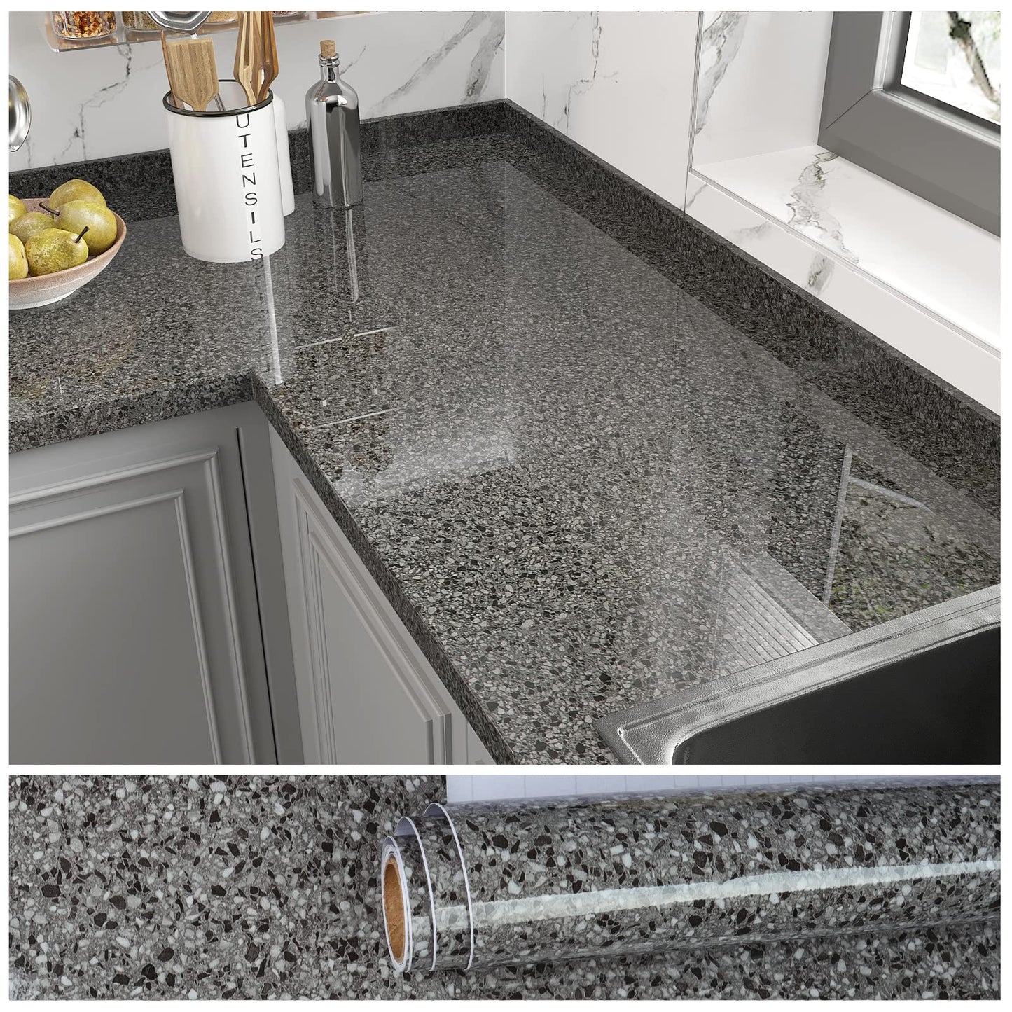 VEELIKE Dark Granite Contact Paper for Countertops Waterproof Peel and Stick Countertops Marble Contact Paper 354''x32'' Wide Marble Wallpaper Peel and Stick Countertop Paper for Kitchen Bathroom Desk